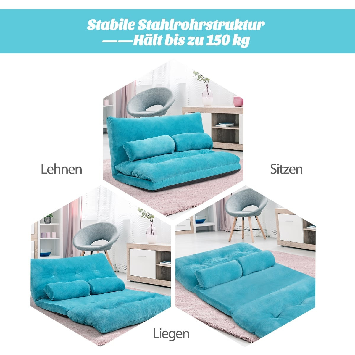 Sofá-cama de chão ajustável com 2 almofadas, azul