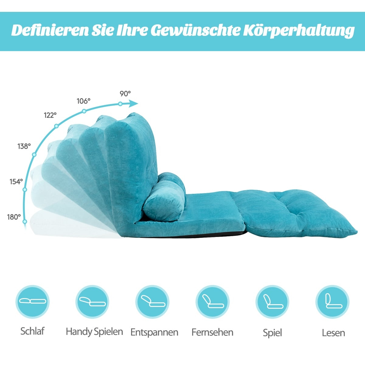 Sofá-cama de chão ajustável com 2 almofadas, azul