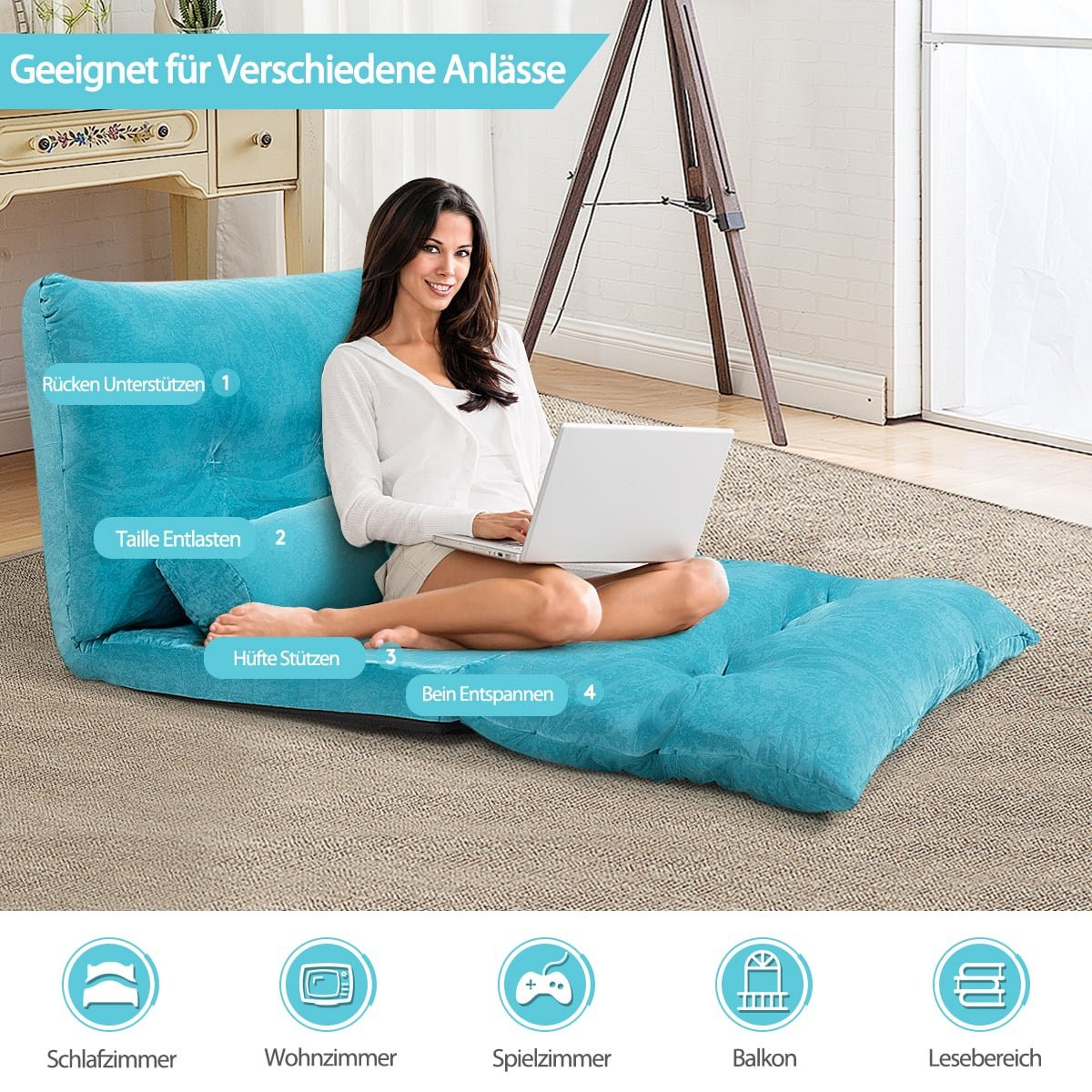 Sofá-cama de chão ajustável com 2 almofadas, azul