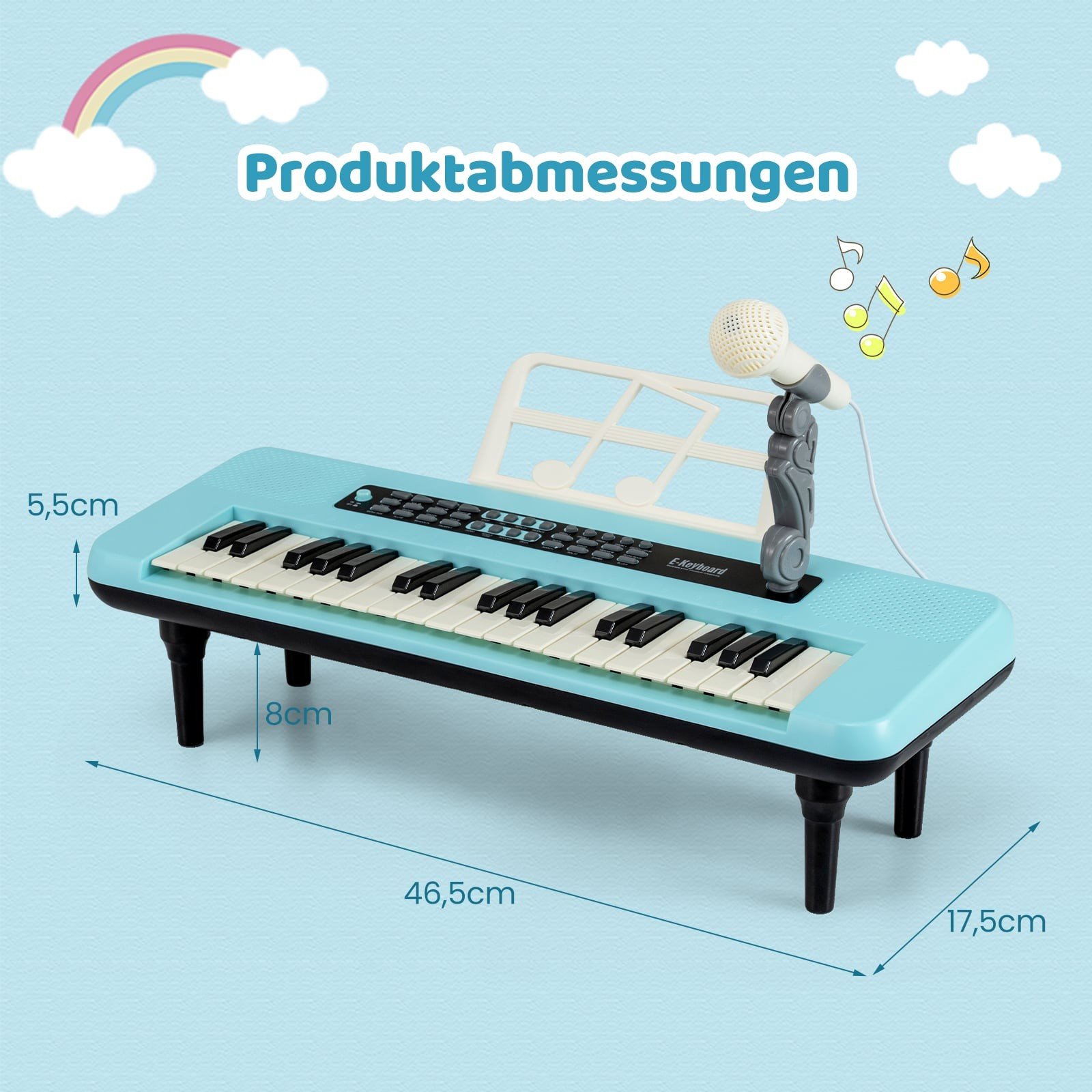 Piano digital infantil de 37 teclas com microfone e suporte.