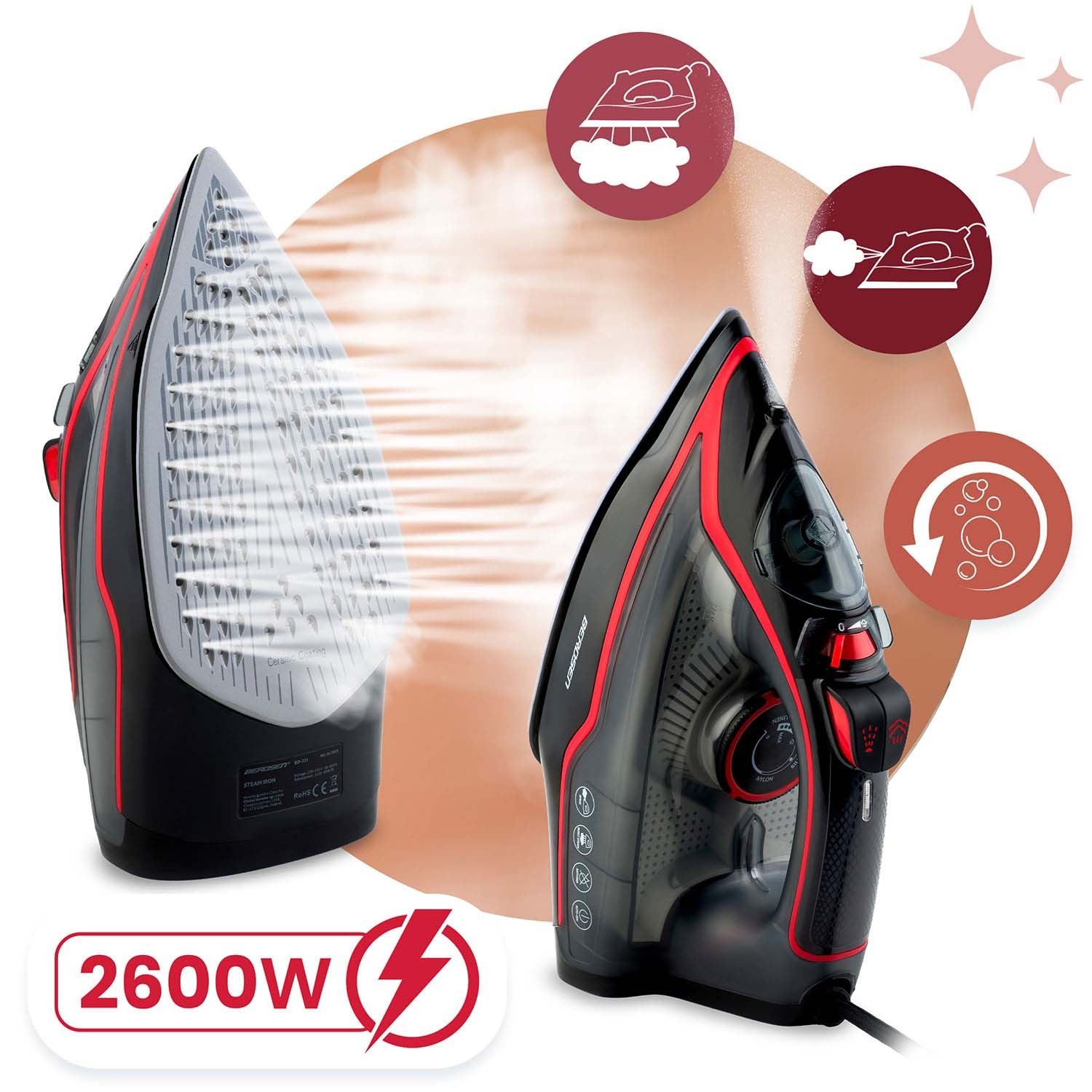 Fer à vapeur 2600 W, semelle en céramique, utilisation verticale