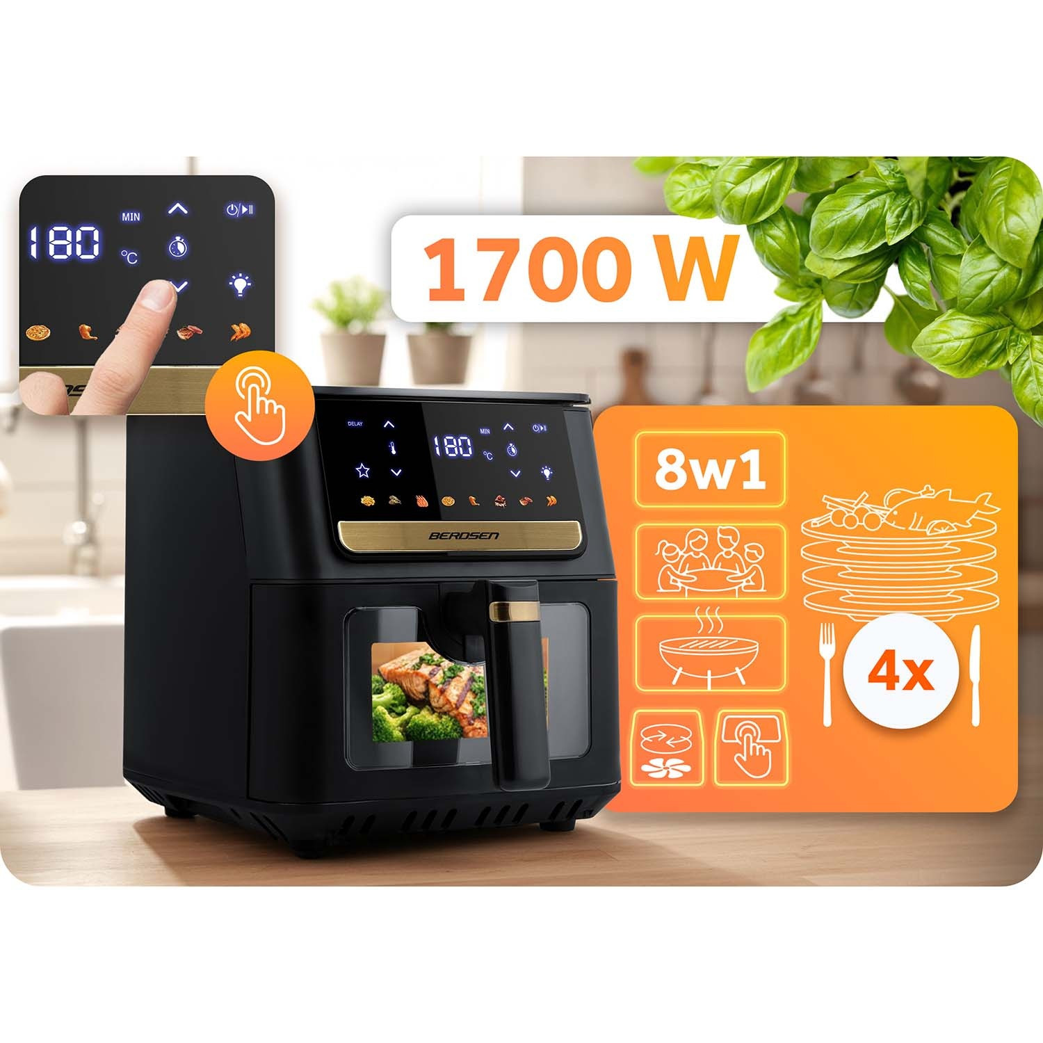 Friggitrice ad aria, 6,5 l, 1700 W, touchscreen, nera