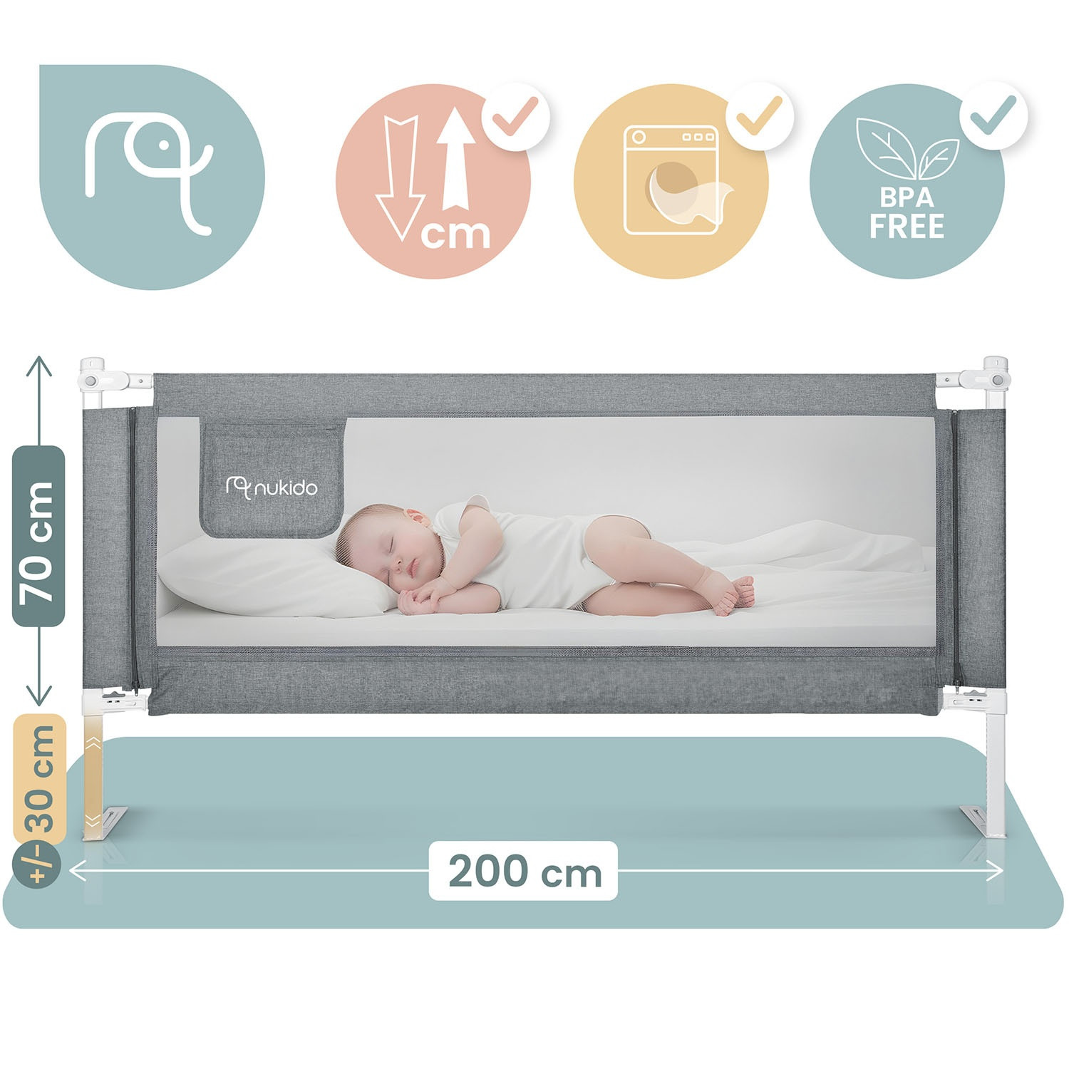 Bed Safety Rail with Locking System, 200 cm, Grey