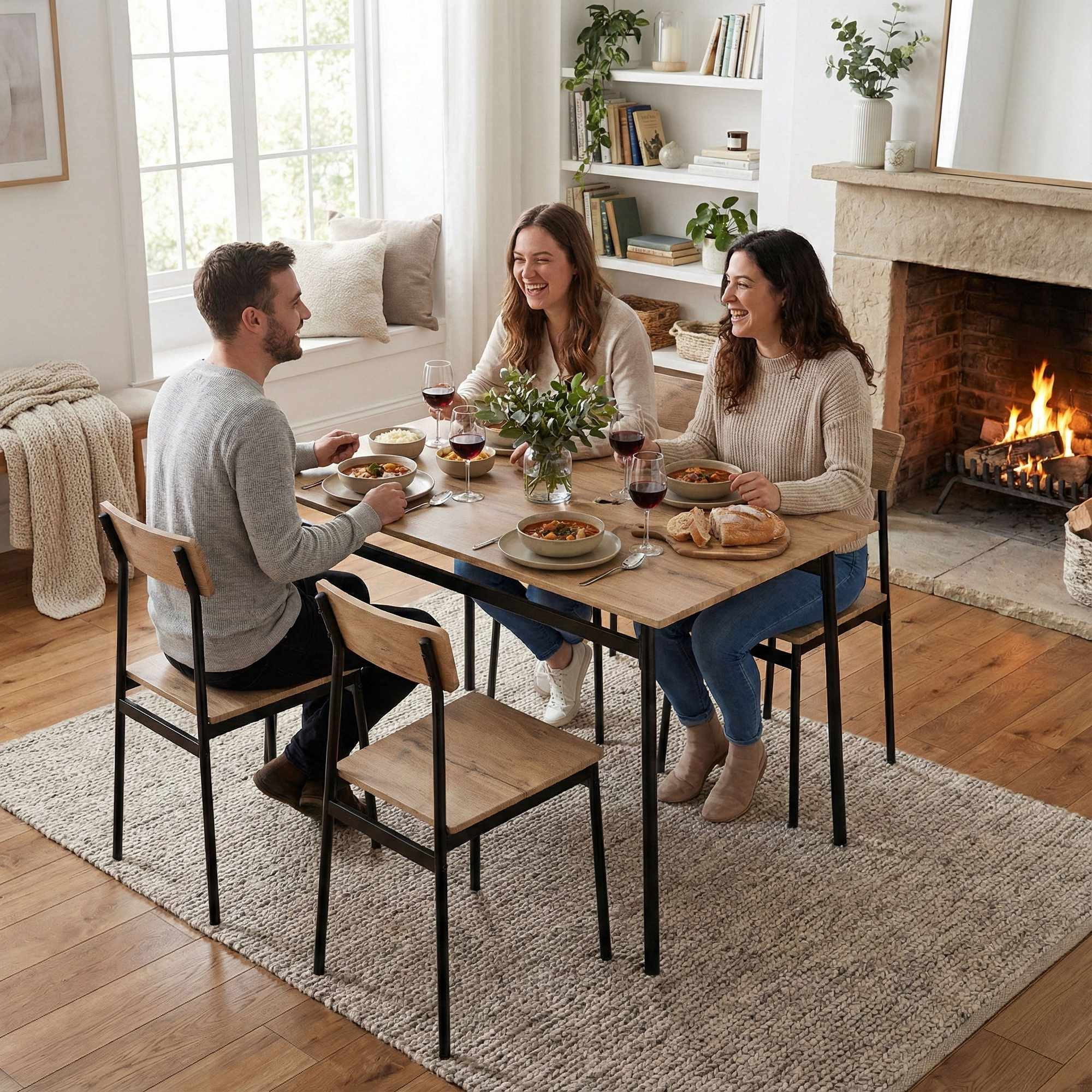 Conjunto de mesa de jantar com 4 cadeiras, em MDF e aço.