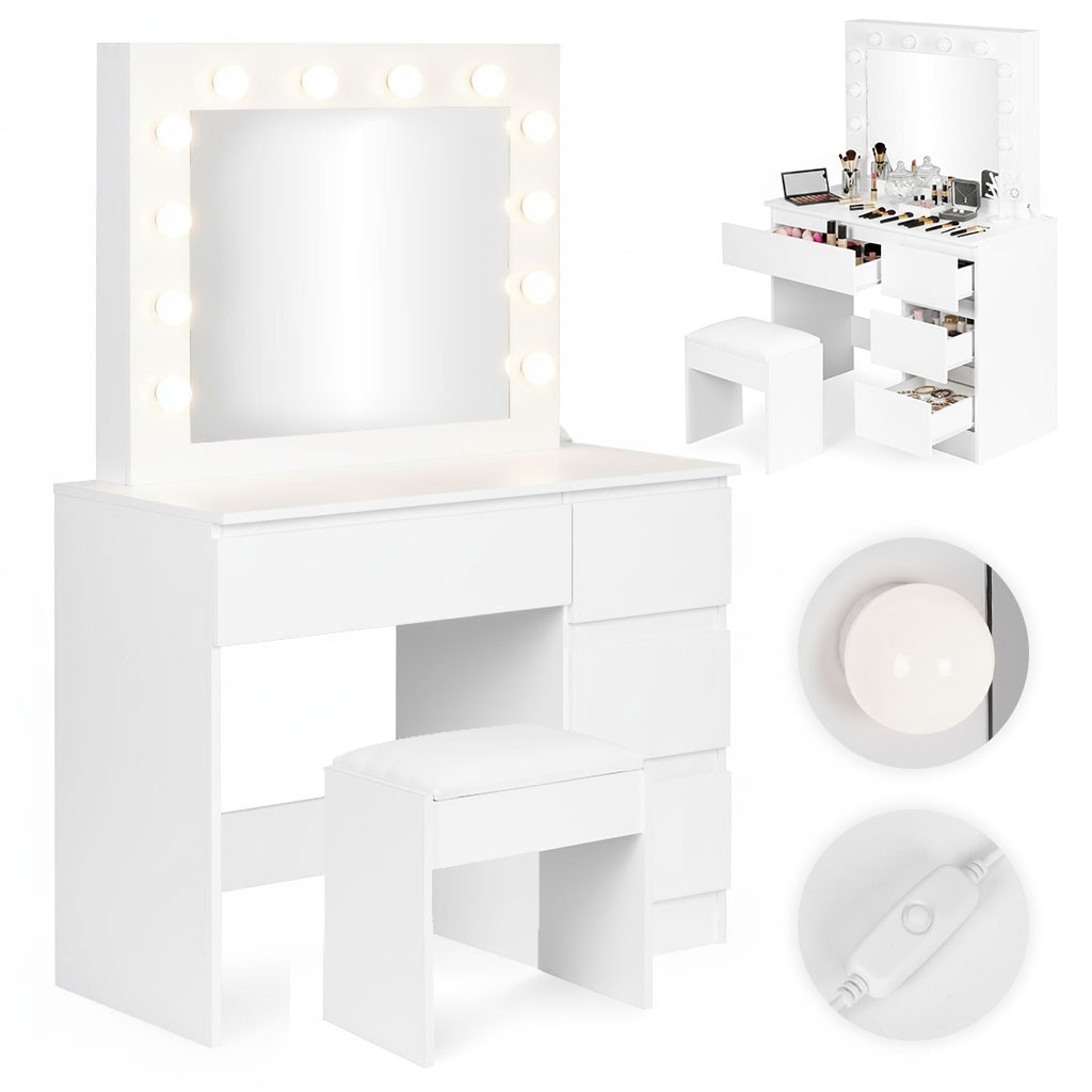 Vanity Table with LED Mirror, 4 Drawers + Stool
