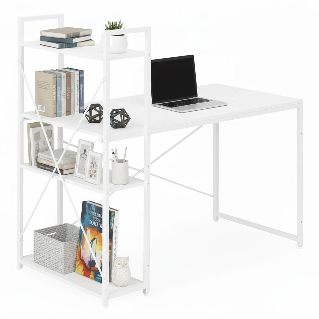 Computerbureau met planken, 120x60 cm, wit MDF