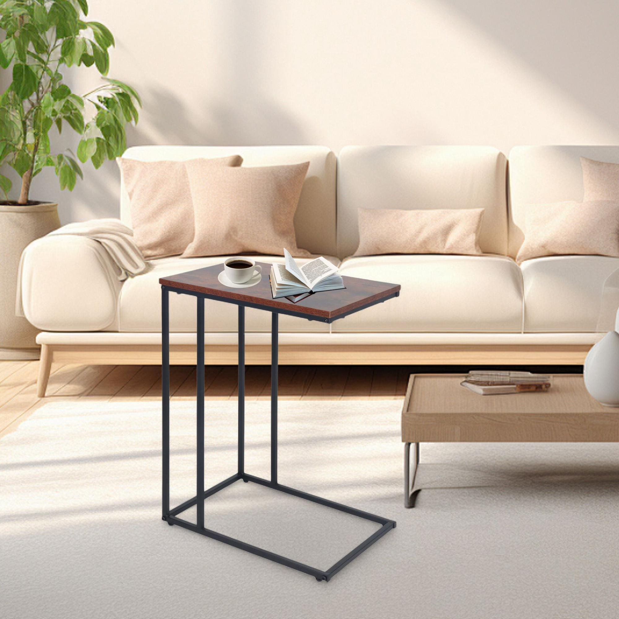 C-Shaped Side Table, Wood-Effect Top, Metal Frame