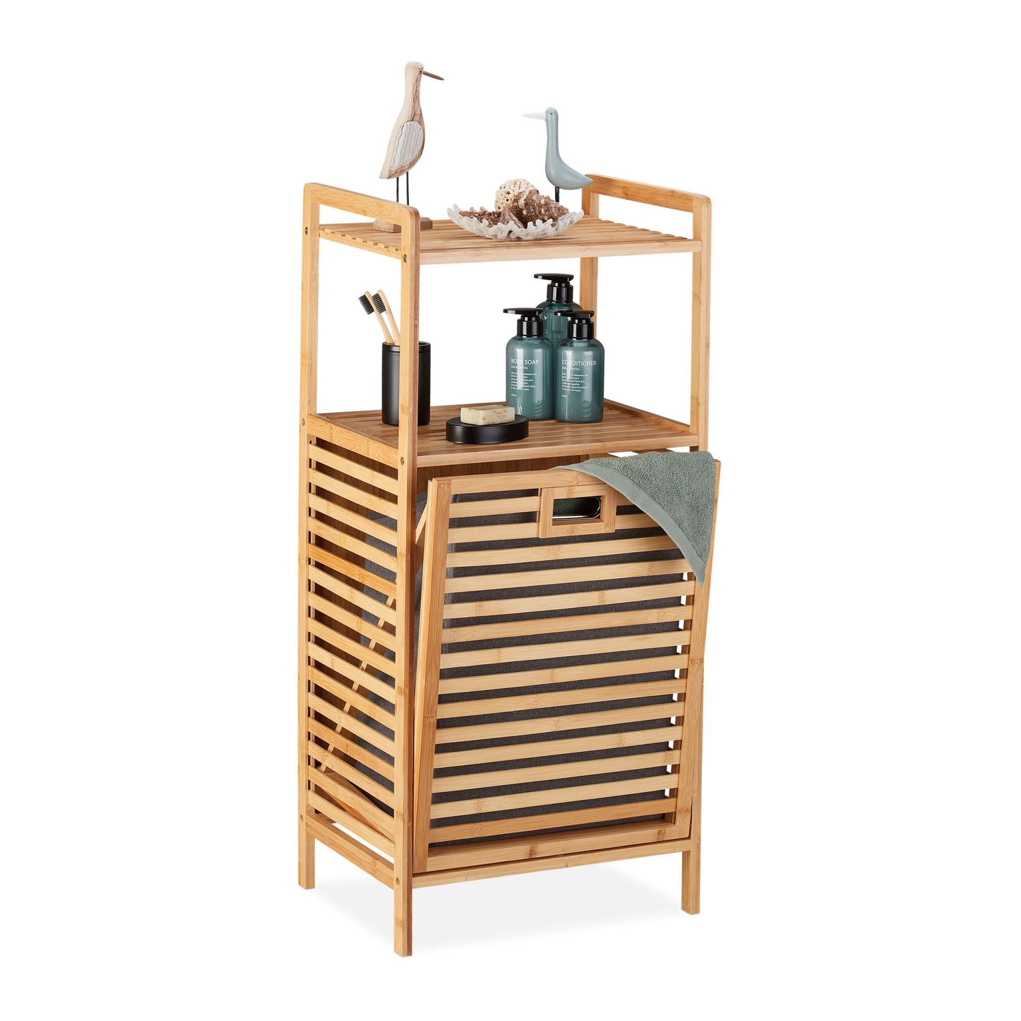 Cesto de roupa suja de bambu com prateleira