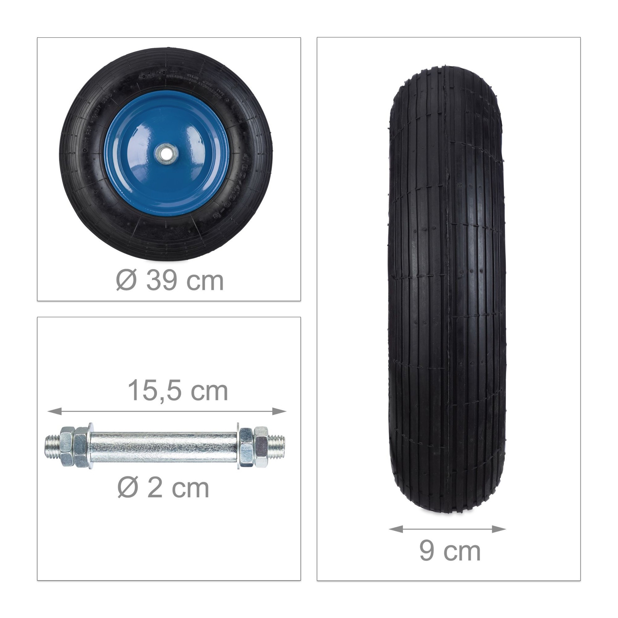 Roda de carrinho de mão com aro e eixo azuis