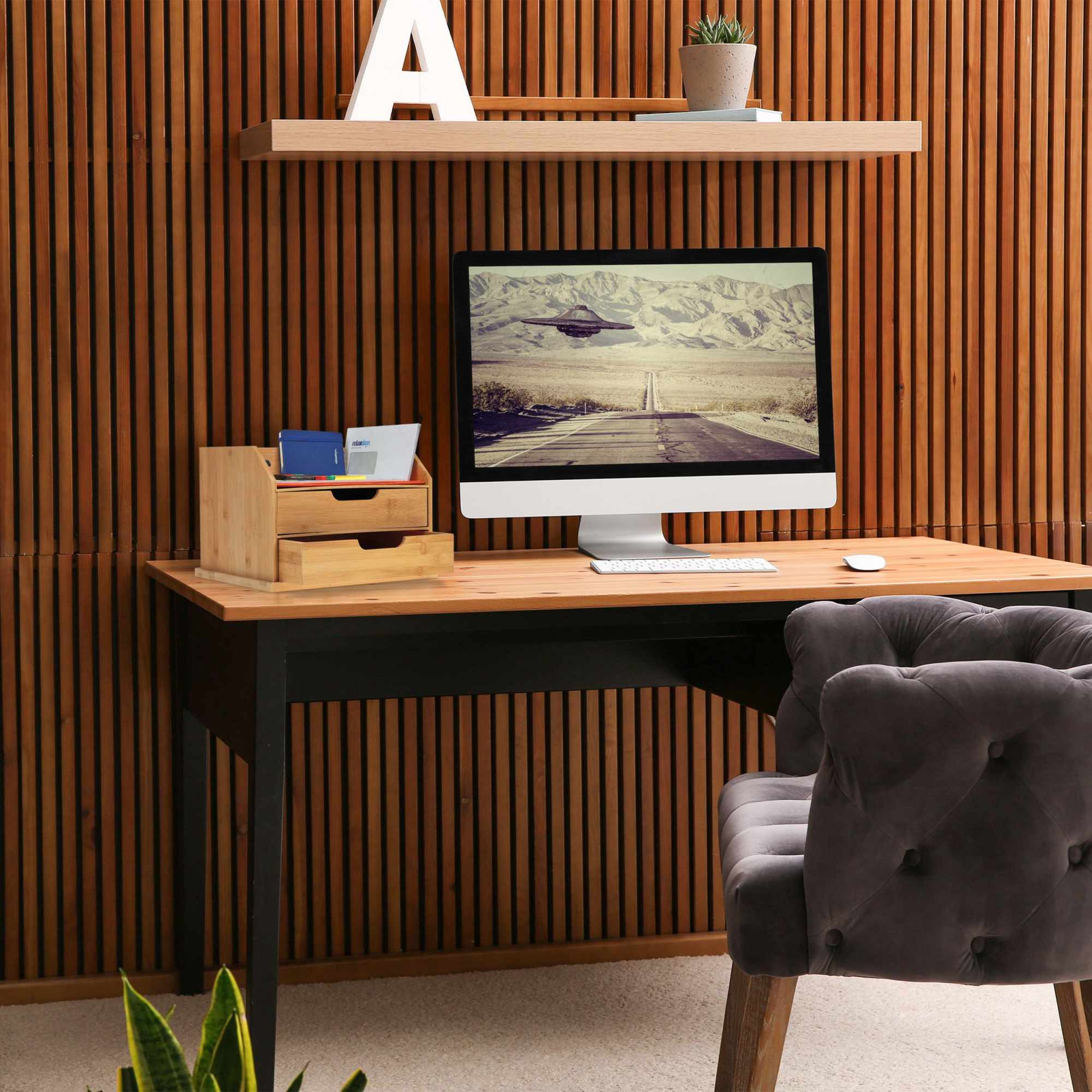 Organizador de mesa de bambu com gavetas