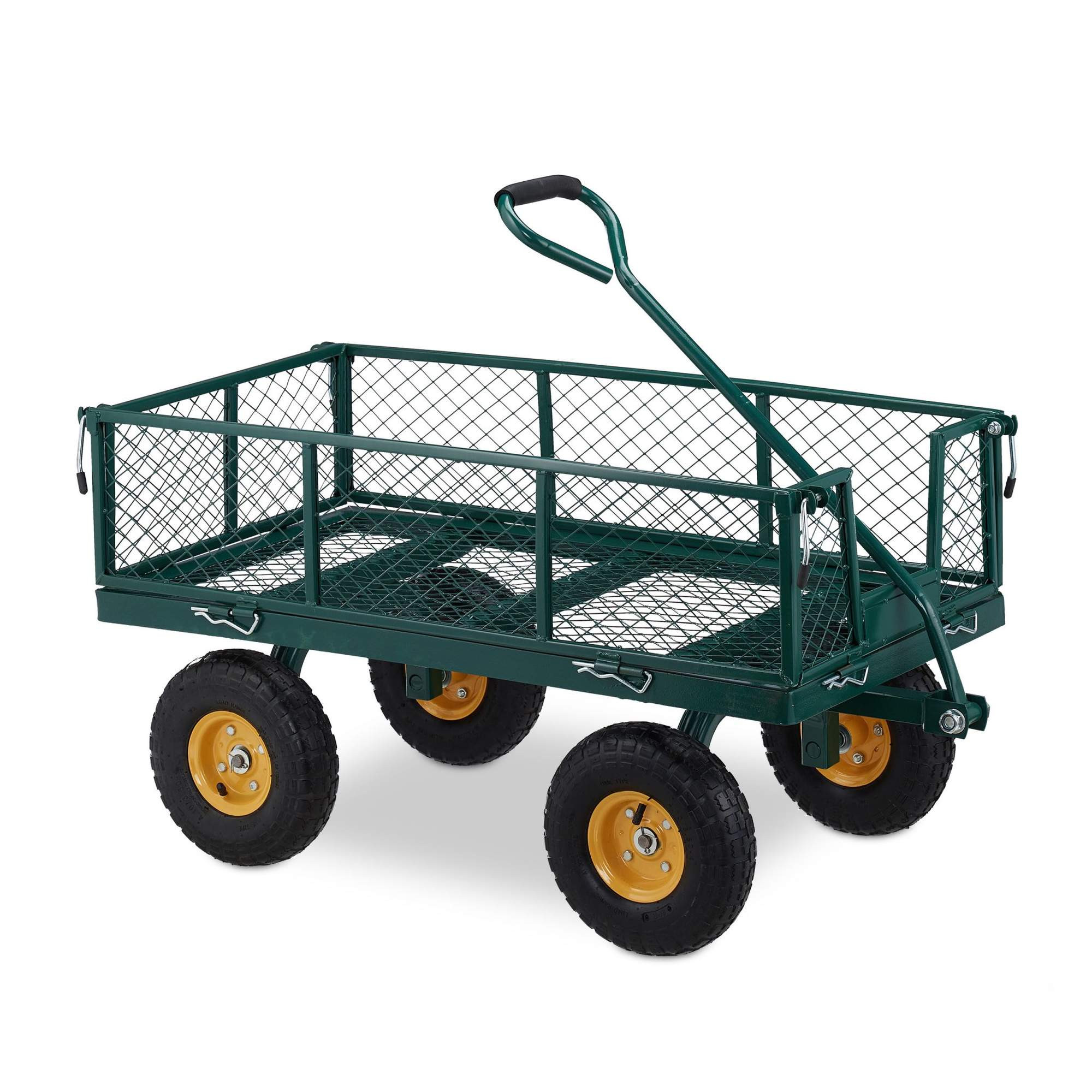 Carrinho verde resistente com aros amarelos