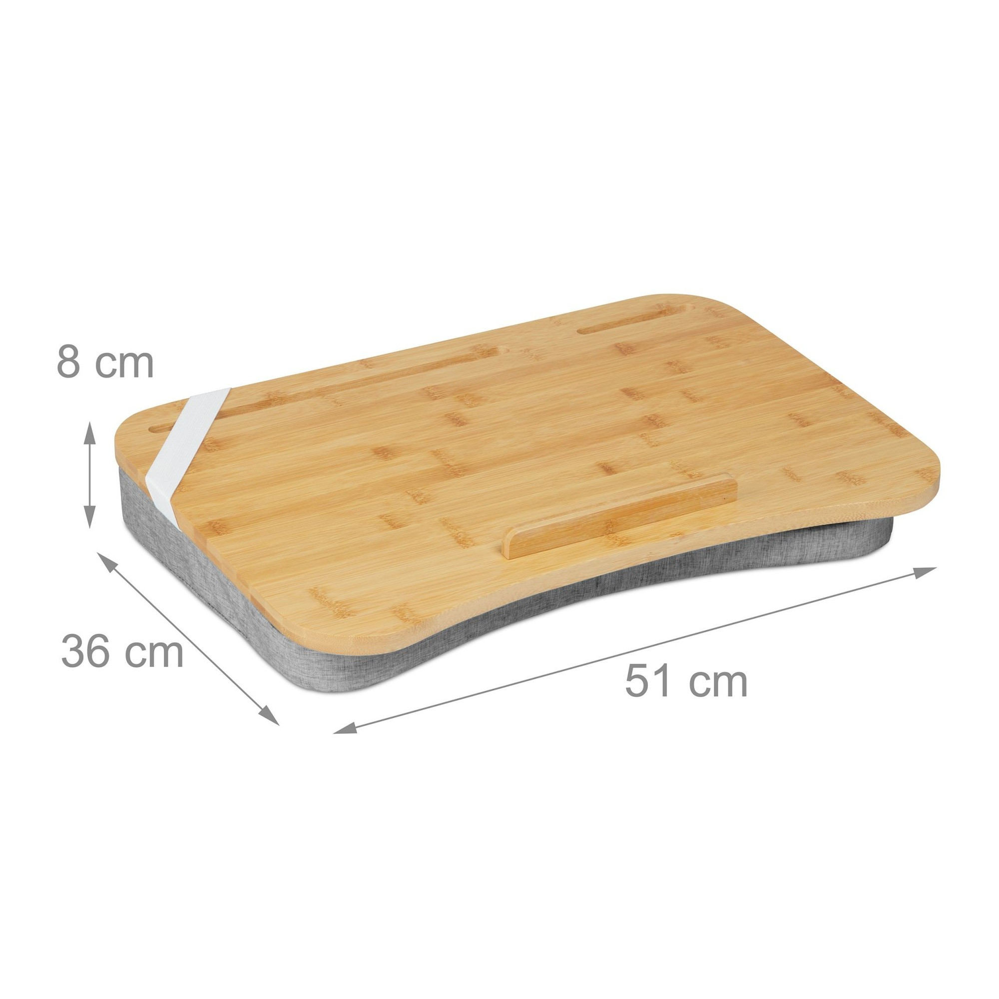 Mesa de colo cinza com bandeja de bambu