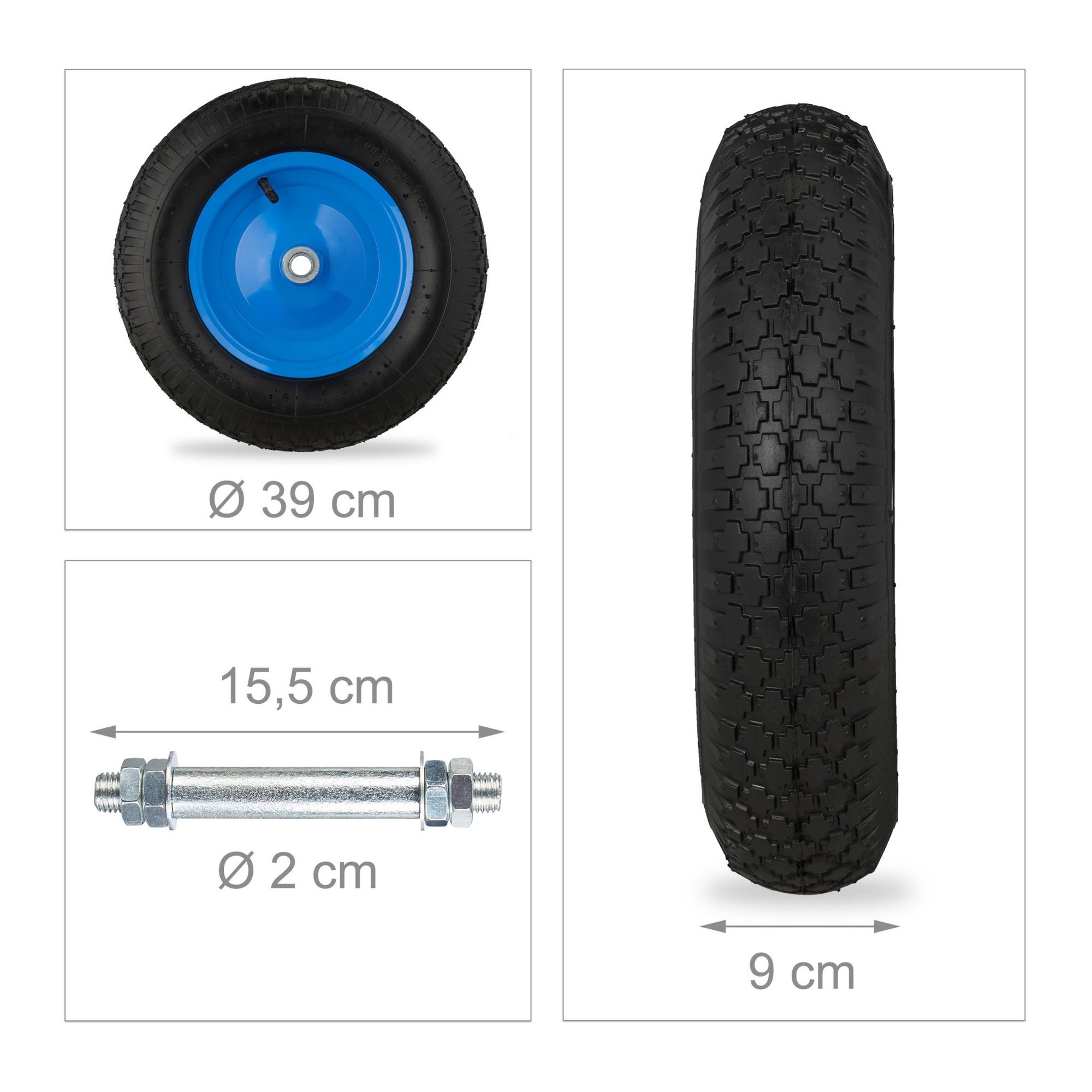 Roda de carrinho de mão azul com eixo