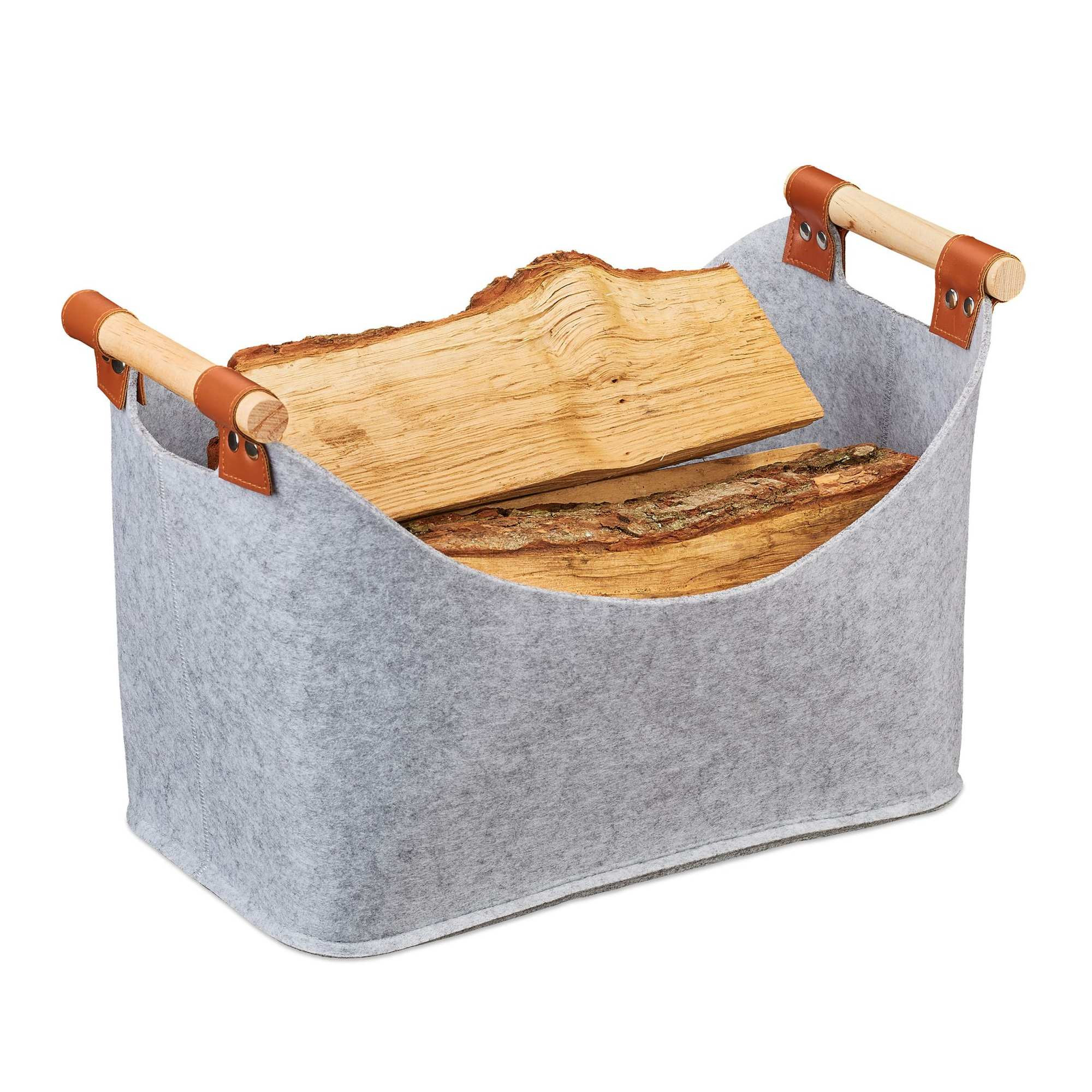Bolsa de feltro com alças de madeira