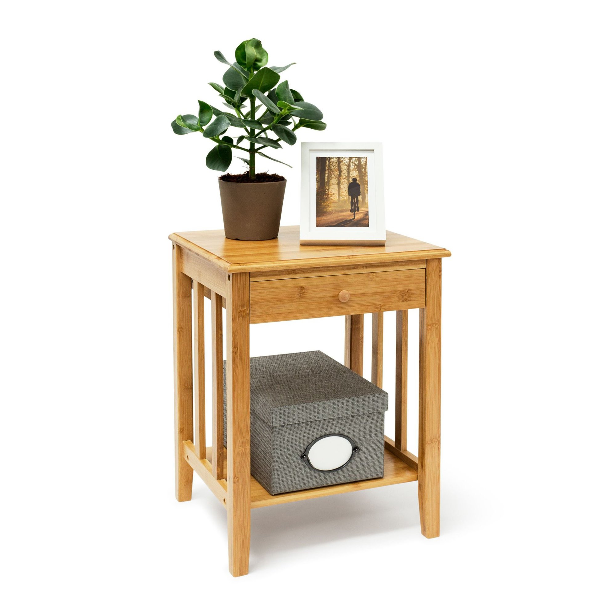 Mesa lateral de bambu com gaveta