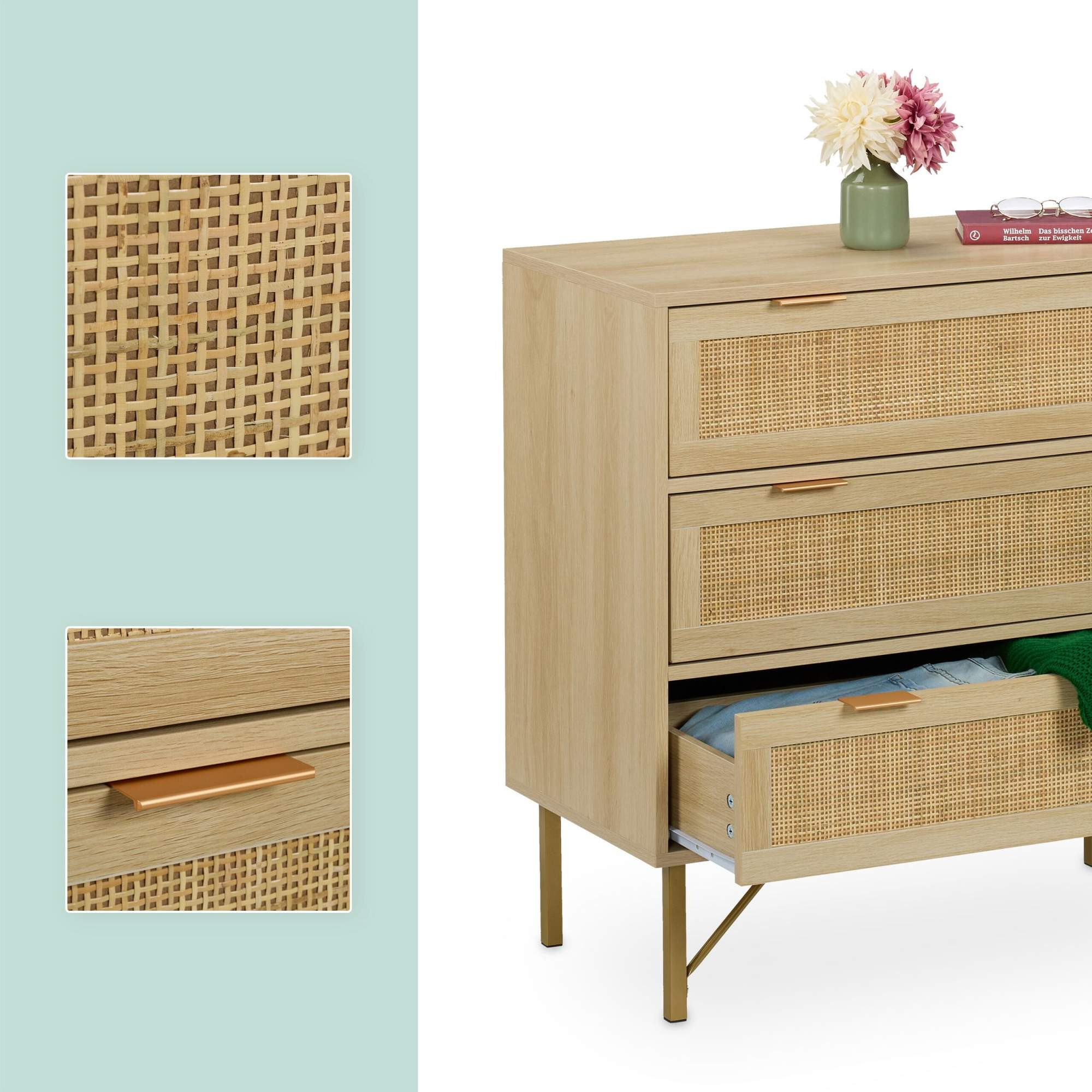 Cómoda de 3 cajones con aspecto de madera