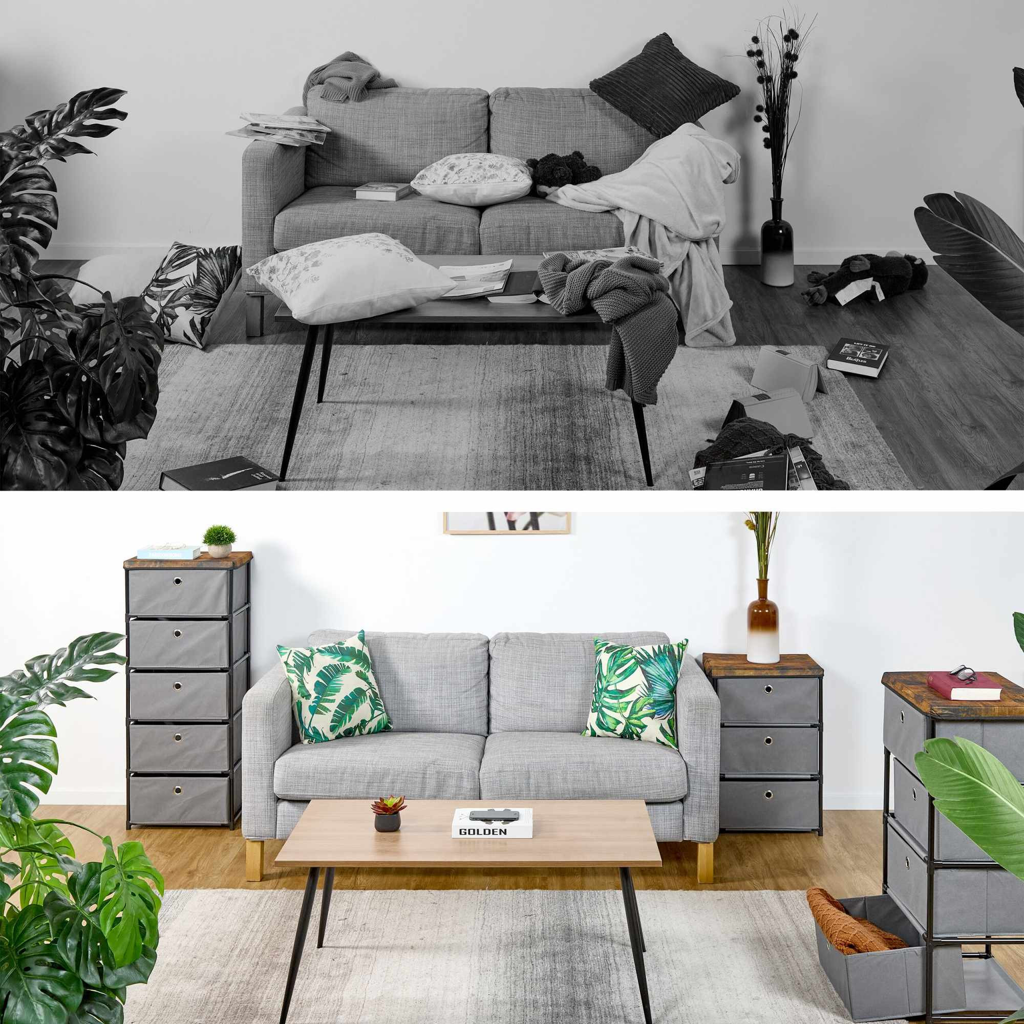 Kommode im Holzdesign mit Stoffschubladen