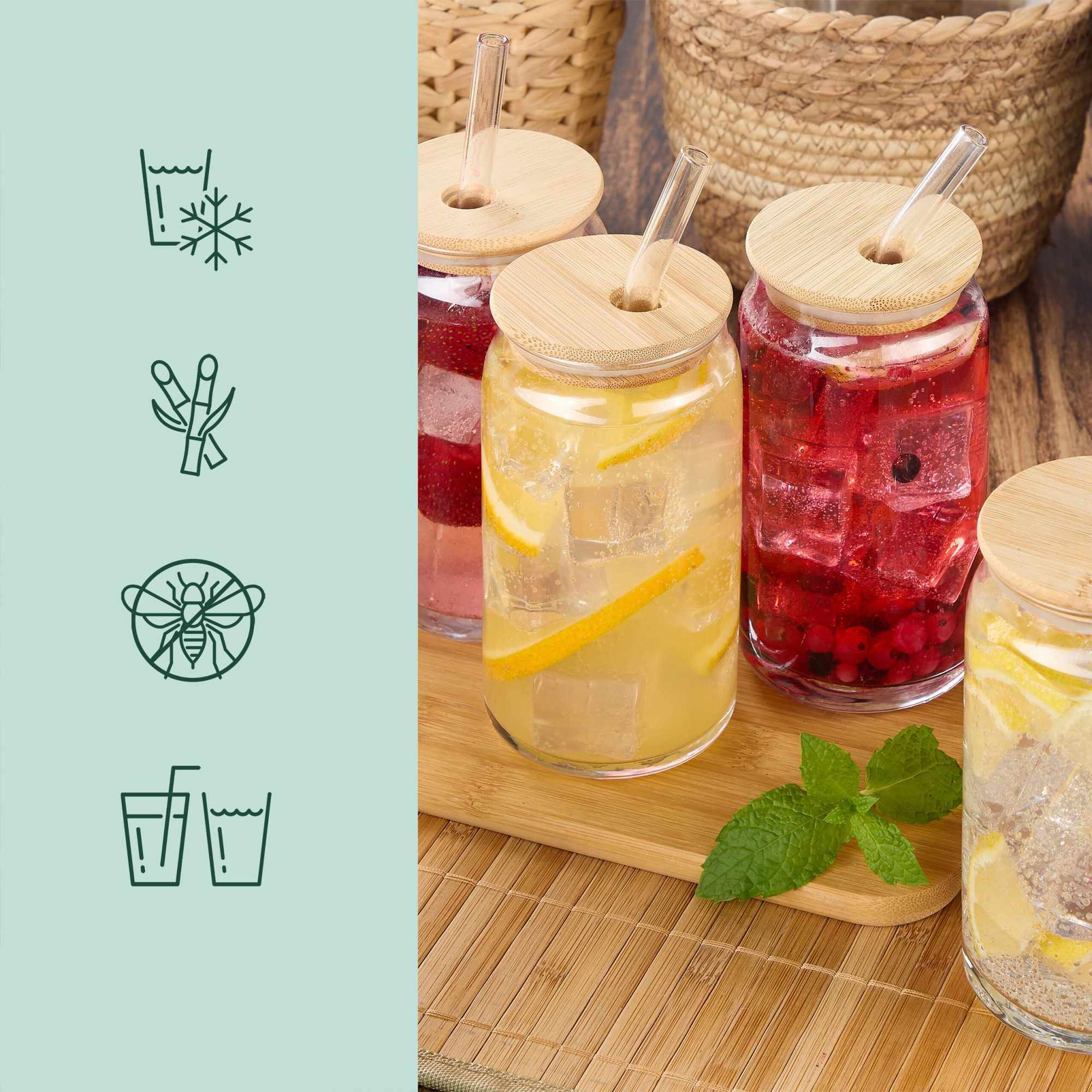 Drinkglas met bamboe deksel, 4-pack