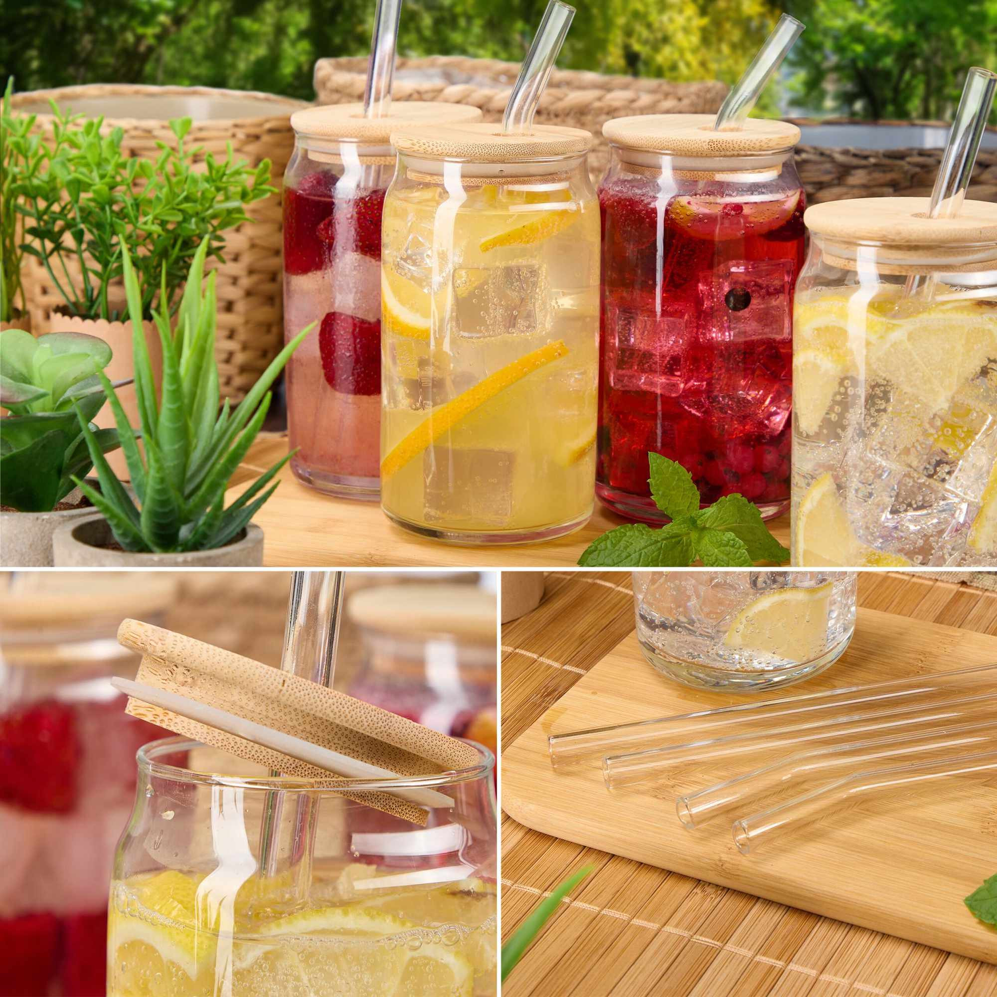 Trinkglas mit Bambusdeckel, 4er-Pack