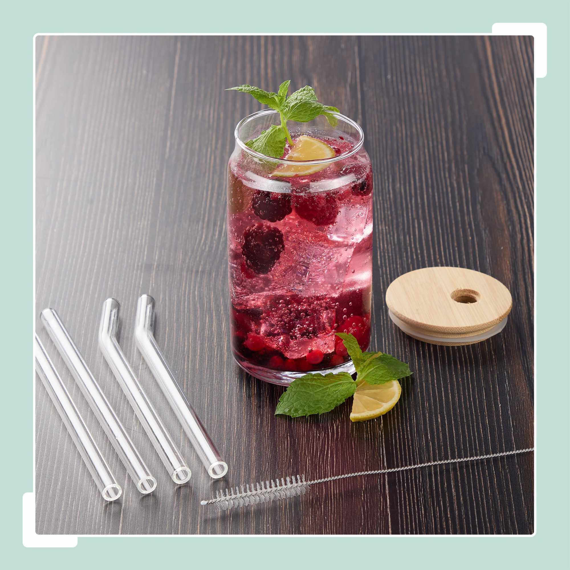 Trinkglas mit Bambusdeckel, 4er-Pack