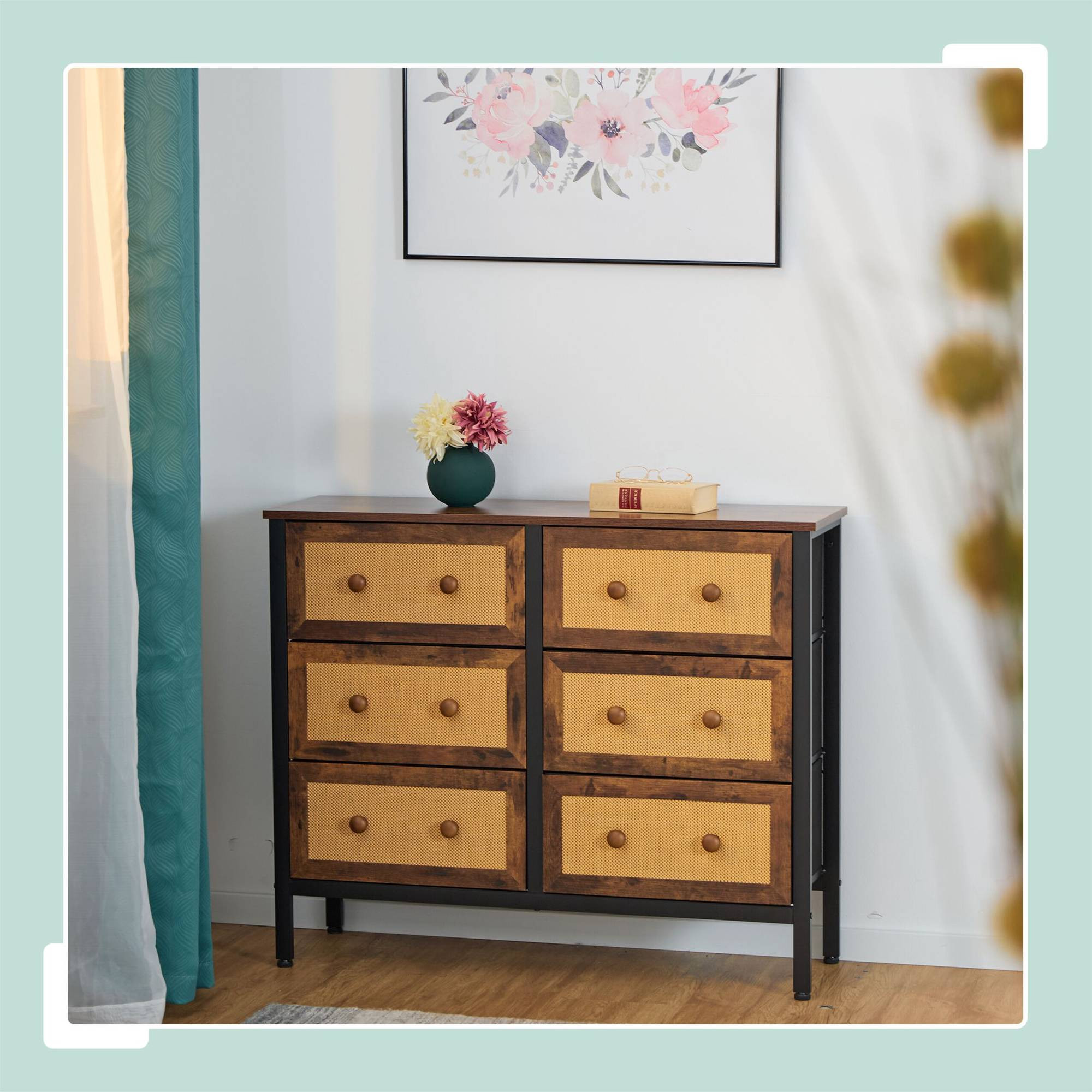 Commode 6 tiroirs style rotin