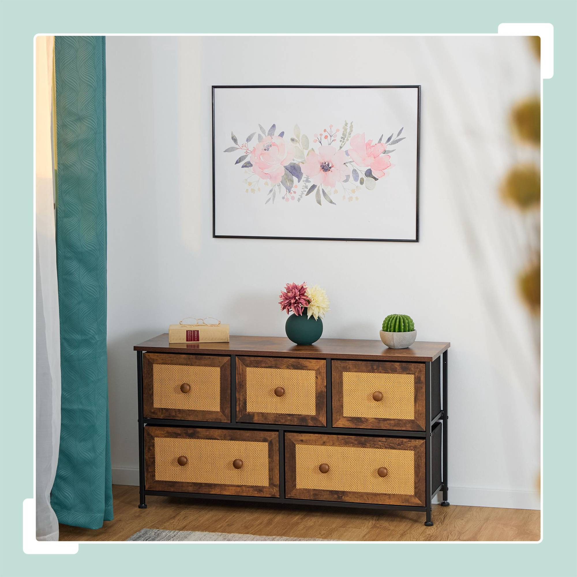 Commode 5 tiroirs aspect rotin