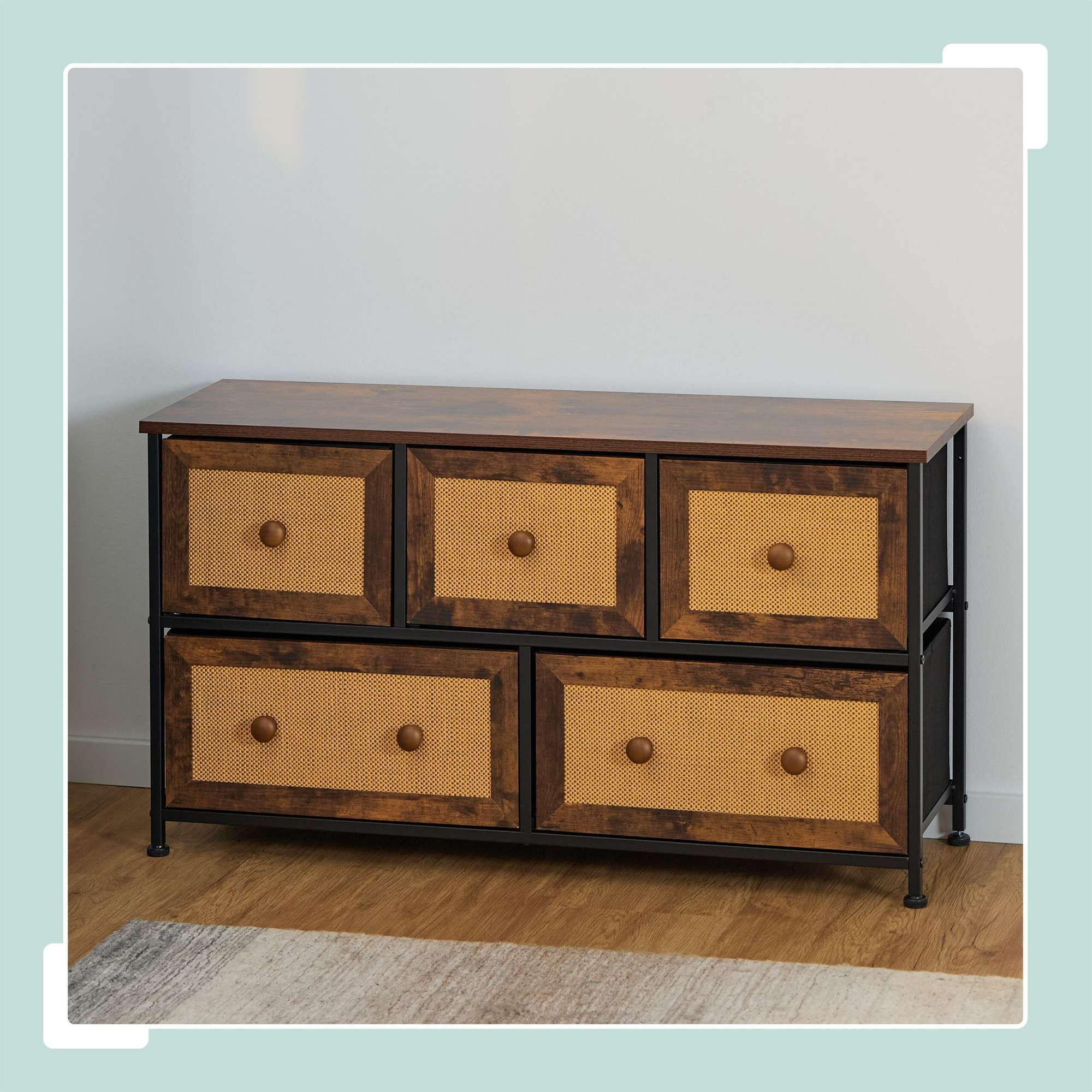 Commode 5 tiroirs aspect rotin