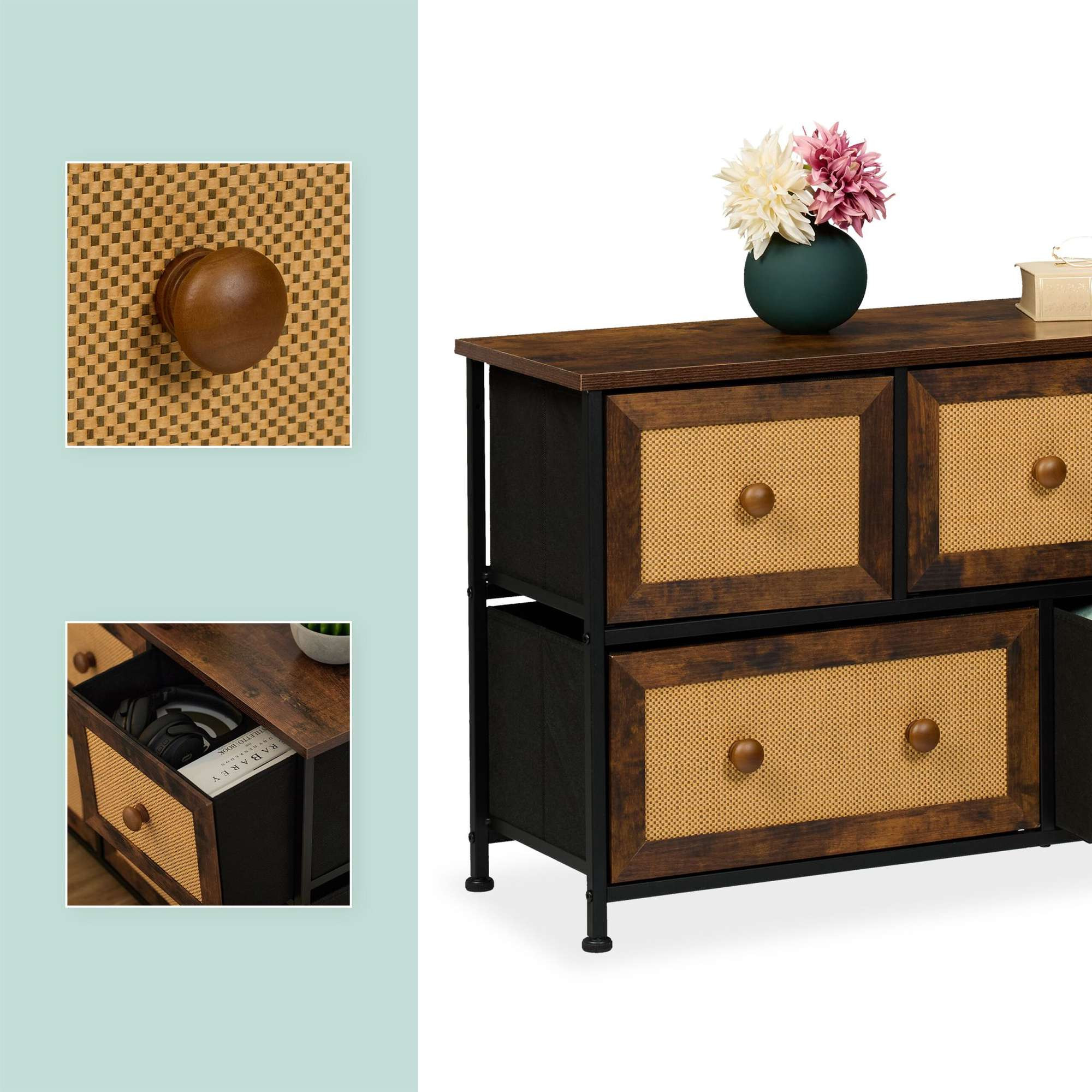 Commode 5 tiroirs aspect rotin