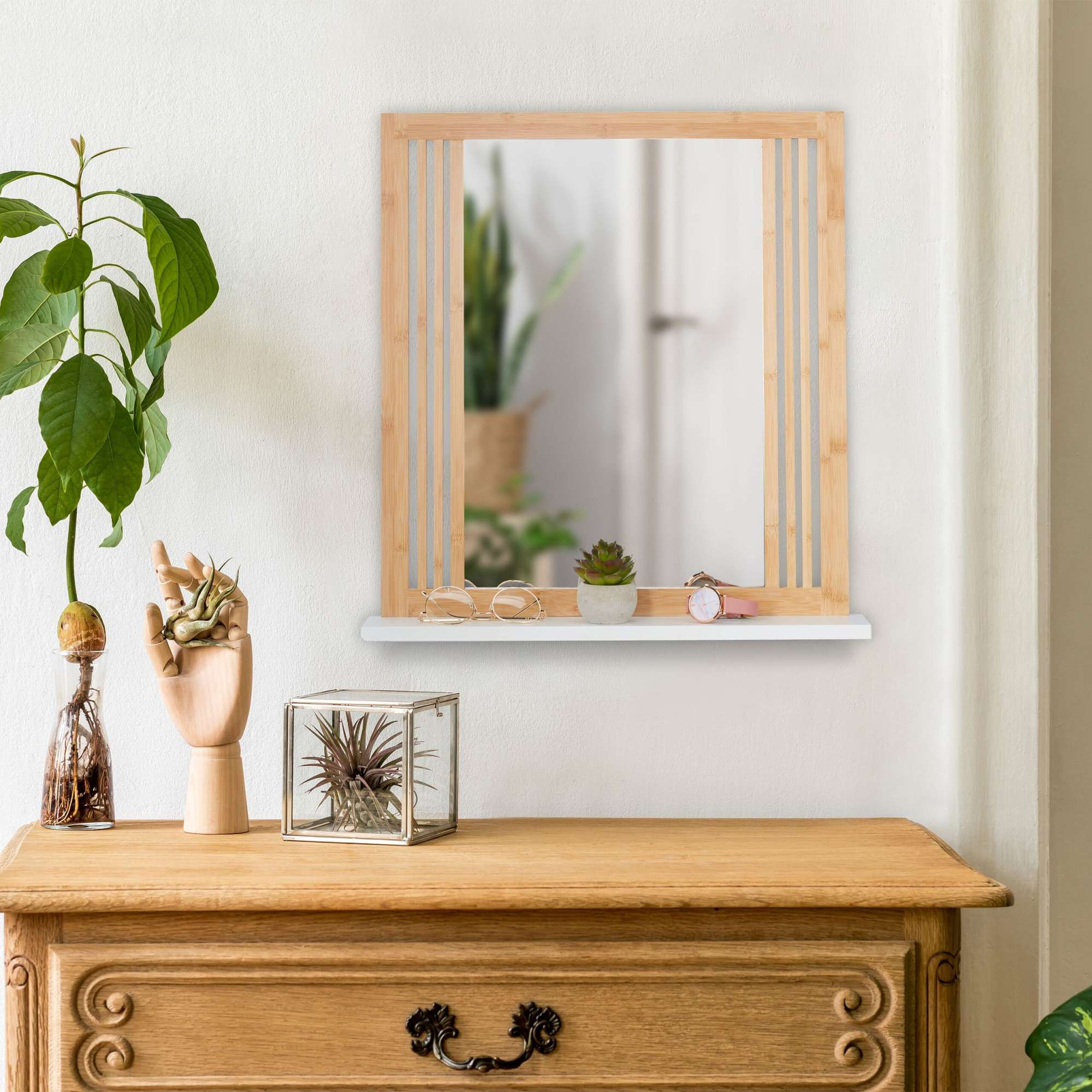Bamboo bathroom mirror with shelf