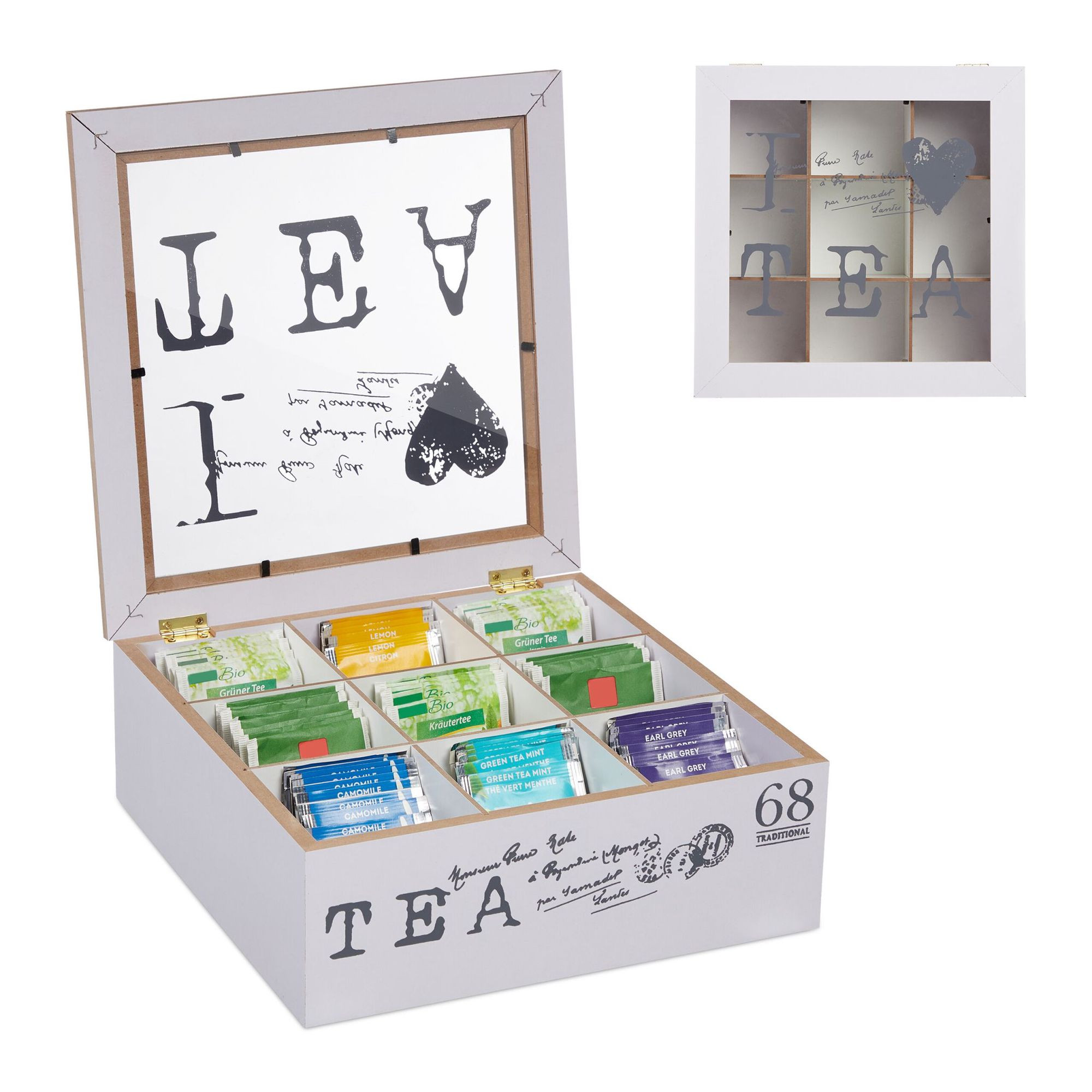 Caja de té blanco con 9 compartimentos.