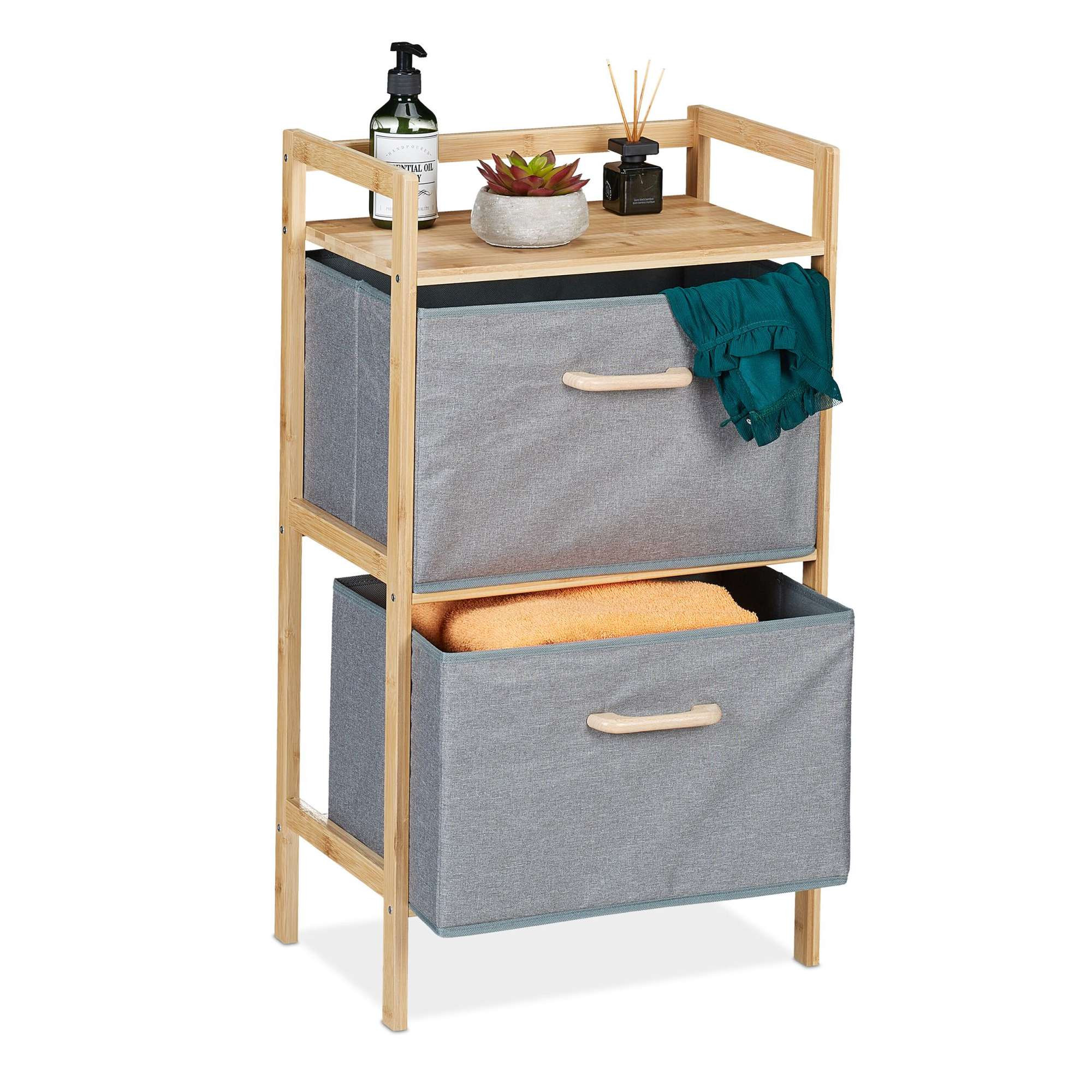 Bamboo bathroom shelf with 2 laundry baskets
