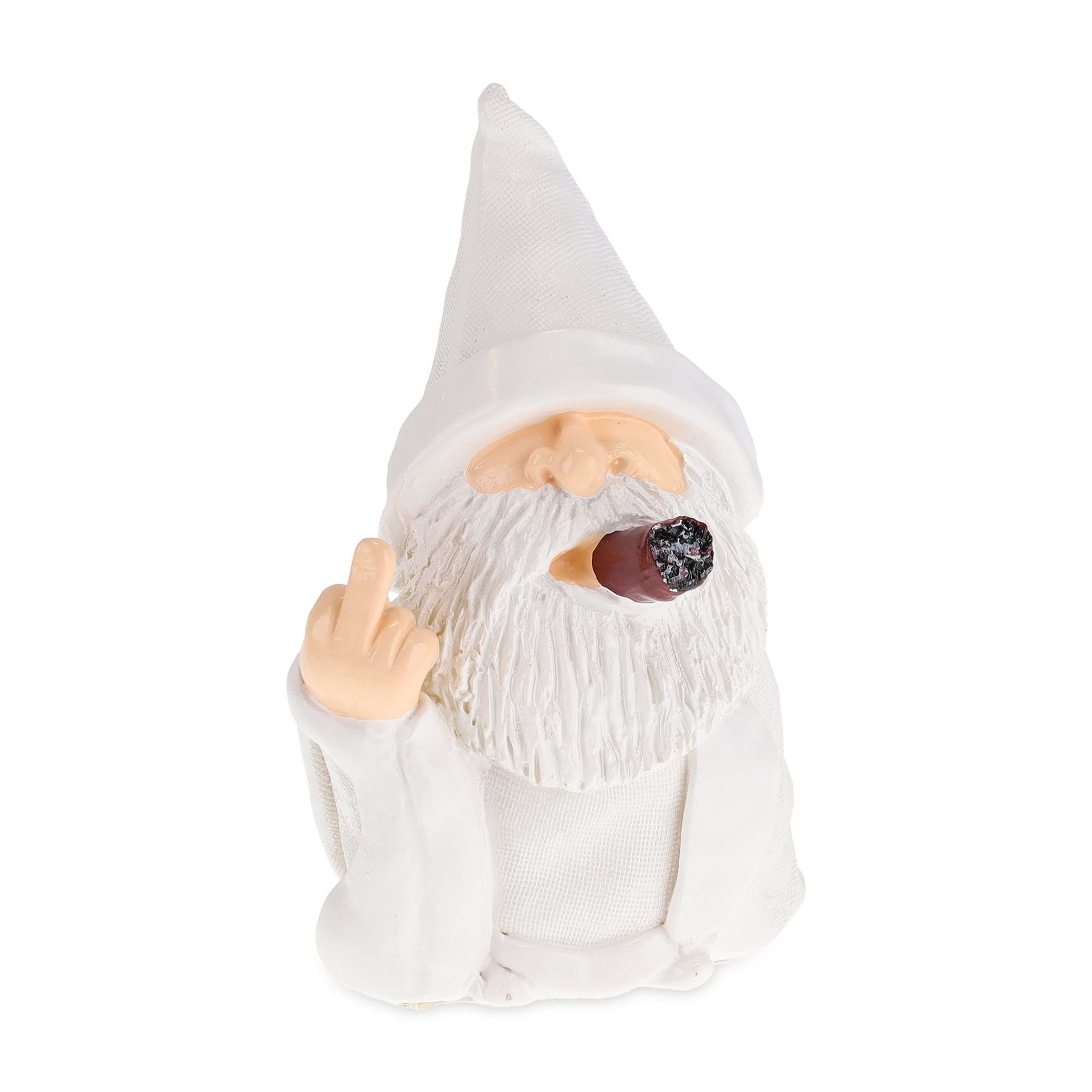 Witte tuinkabouter met middelvinger