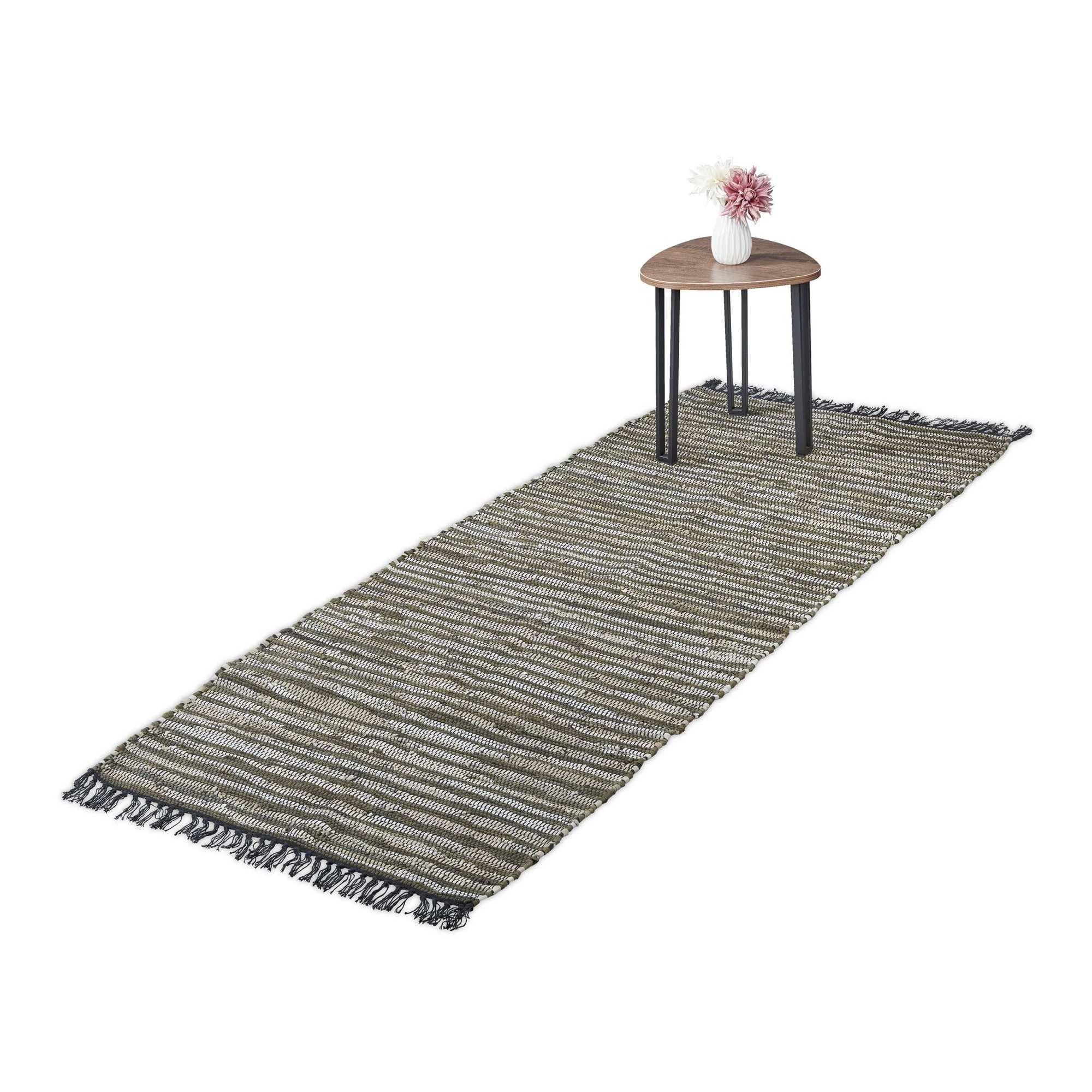 Tappeto di stracci in pelle e cotone a righe