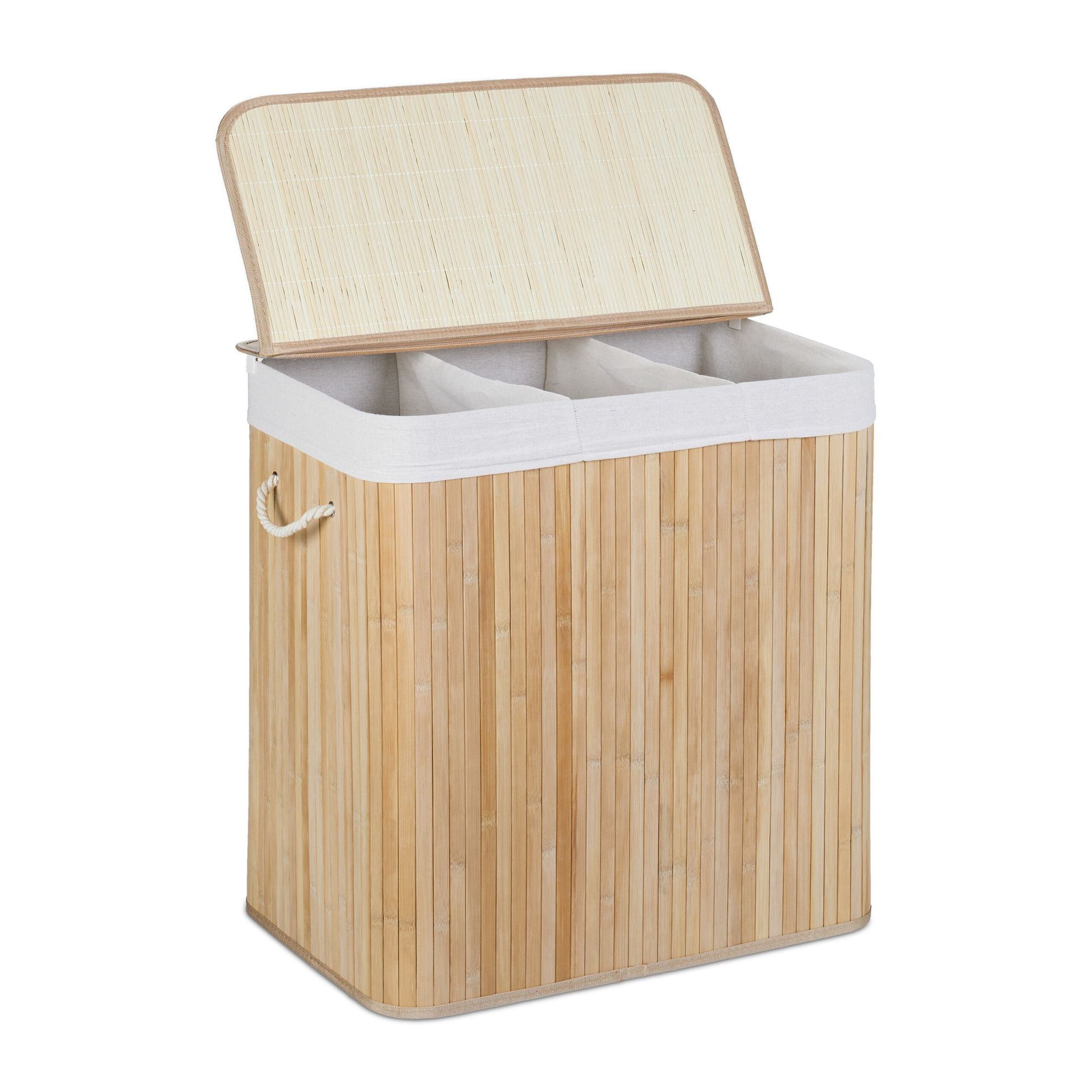 Cesto de roupa suja em bambu com 3 compartimentos