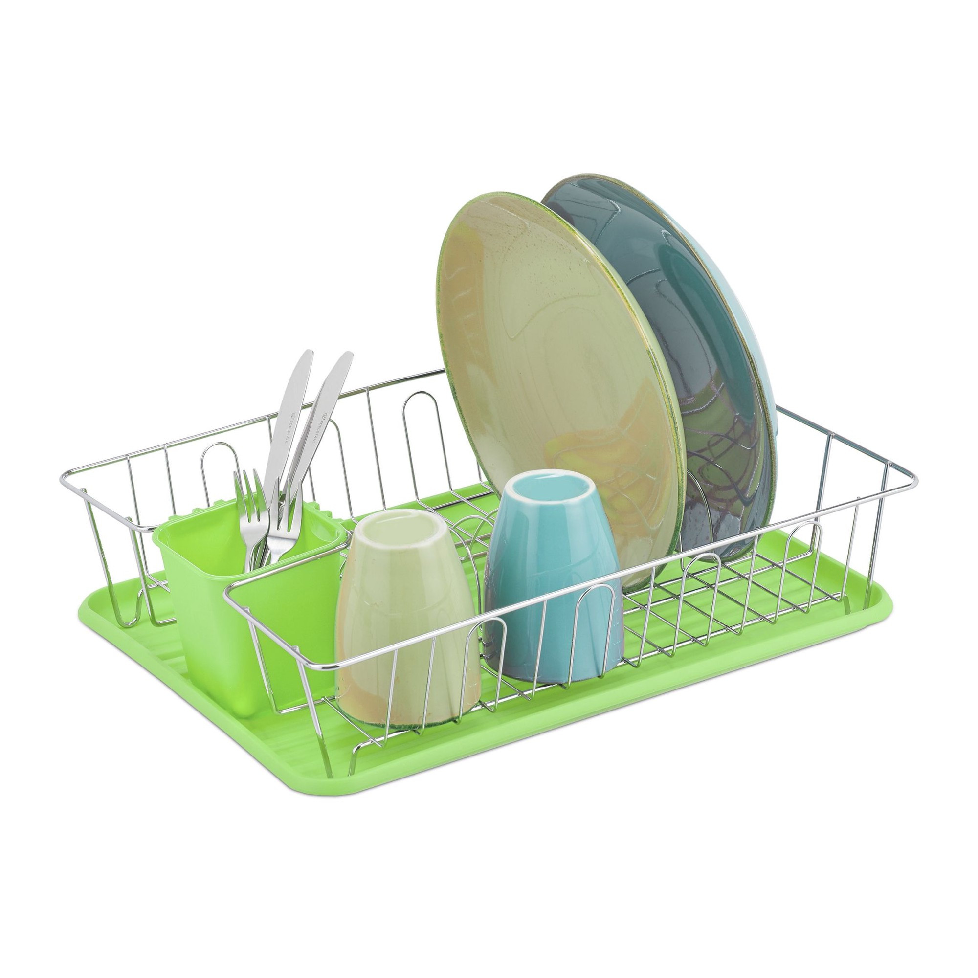 Scolapiatti con portaposate in verde
