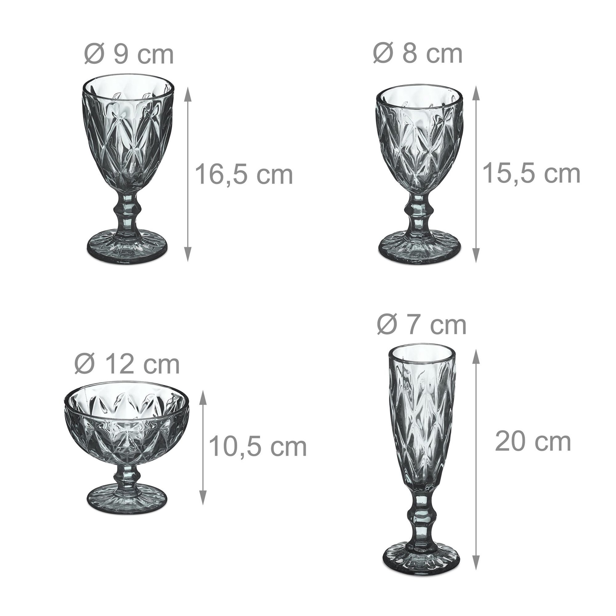 Set mit 7 grauen Gläsern