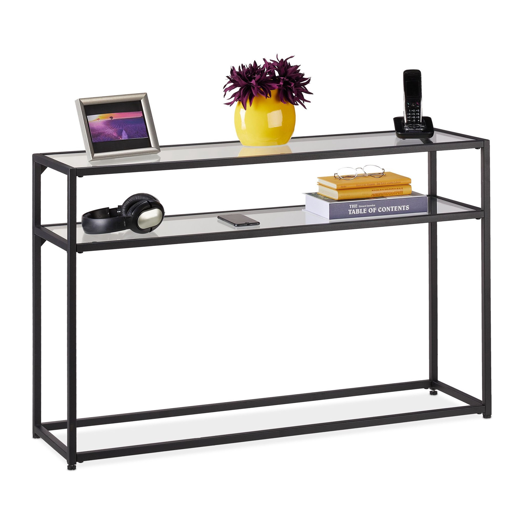 Mesa de console com prateleira de vidro