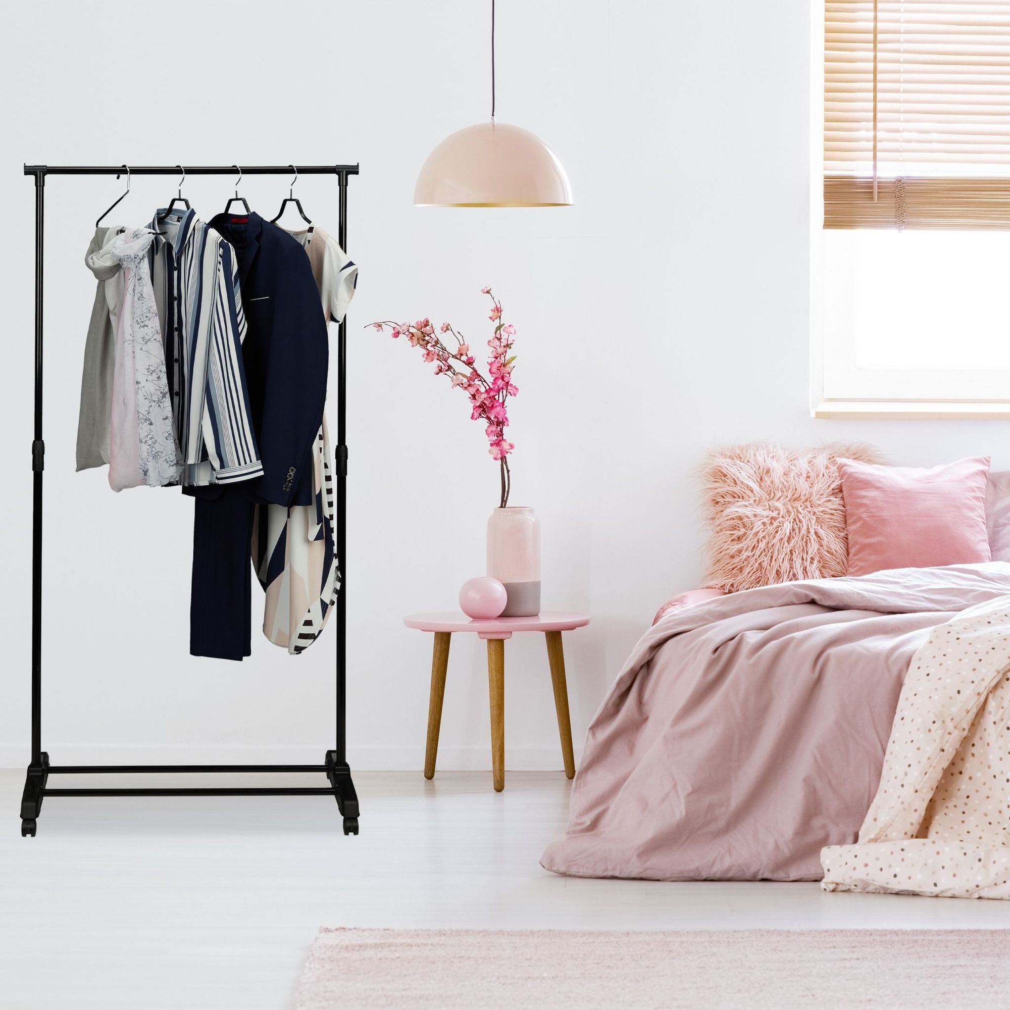 Mobile clothes stand with shelf