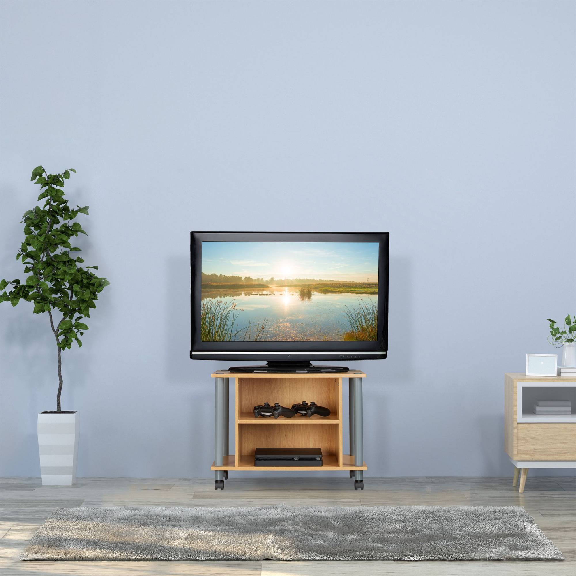 Table TV à roulettes et 2 compartiments