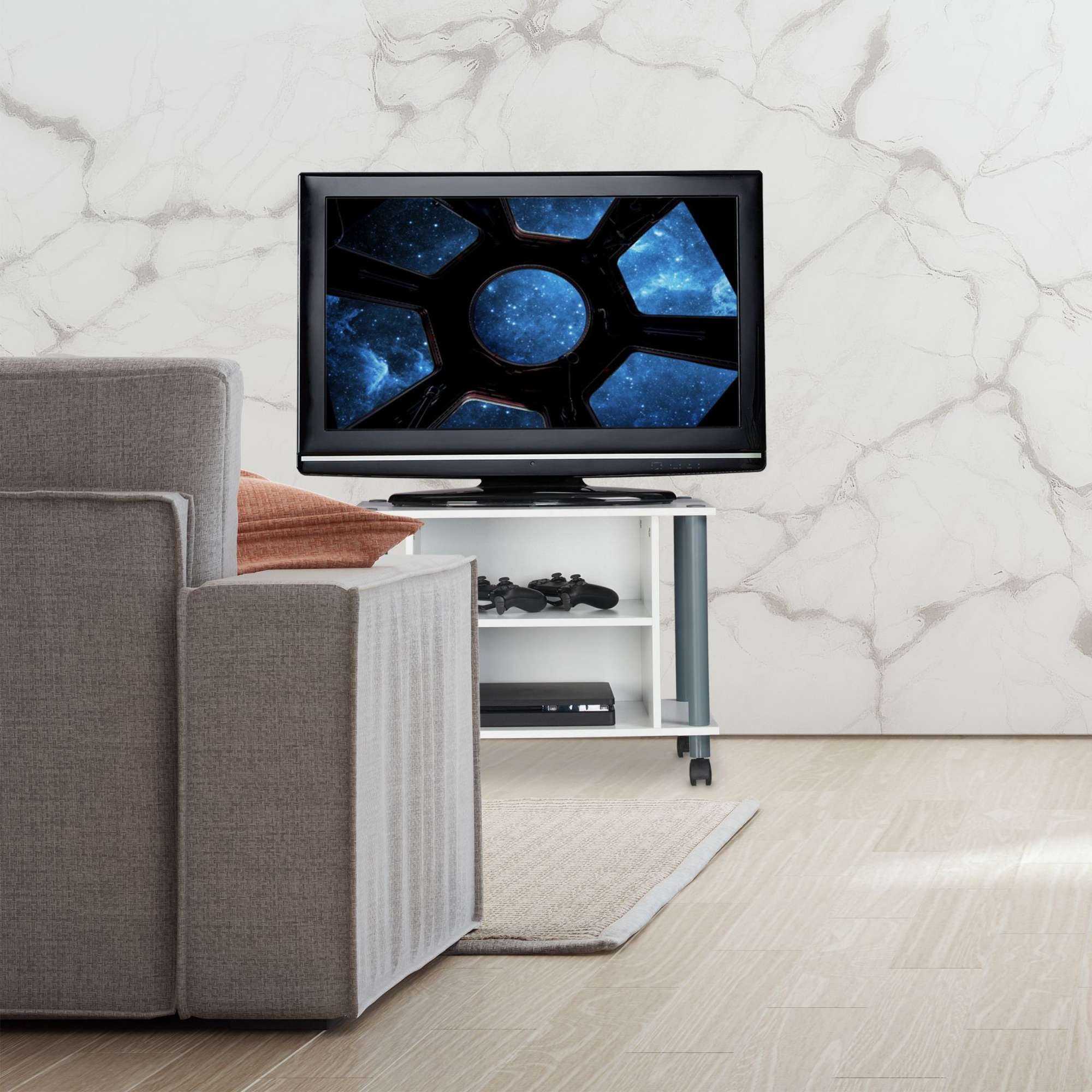 Table TV à roulettes et 2 compartiments