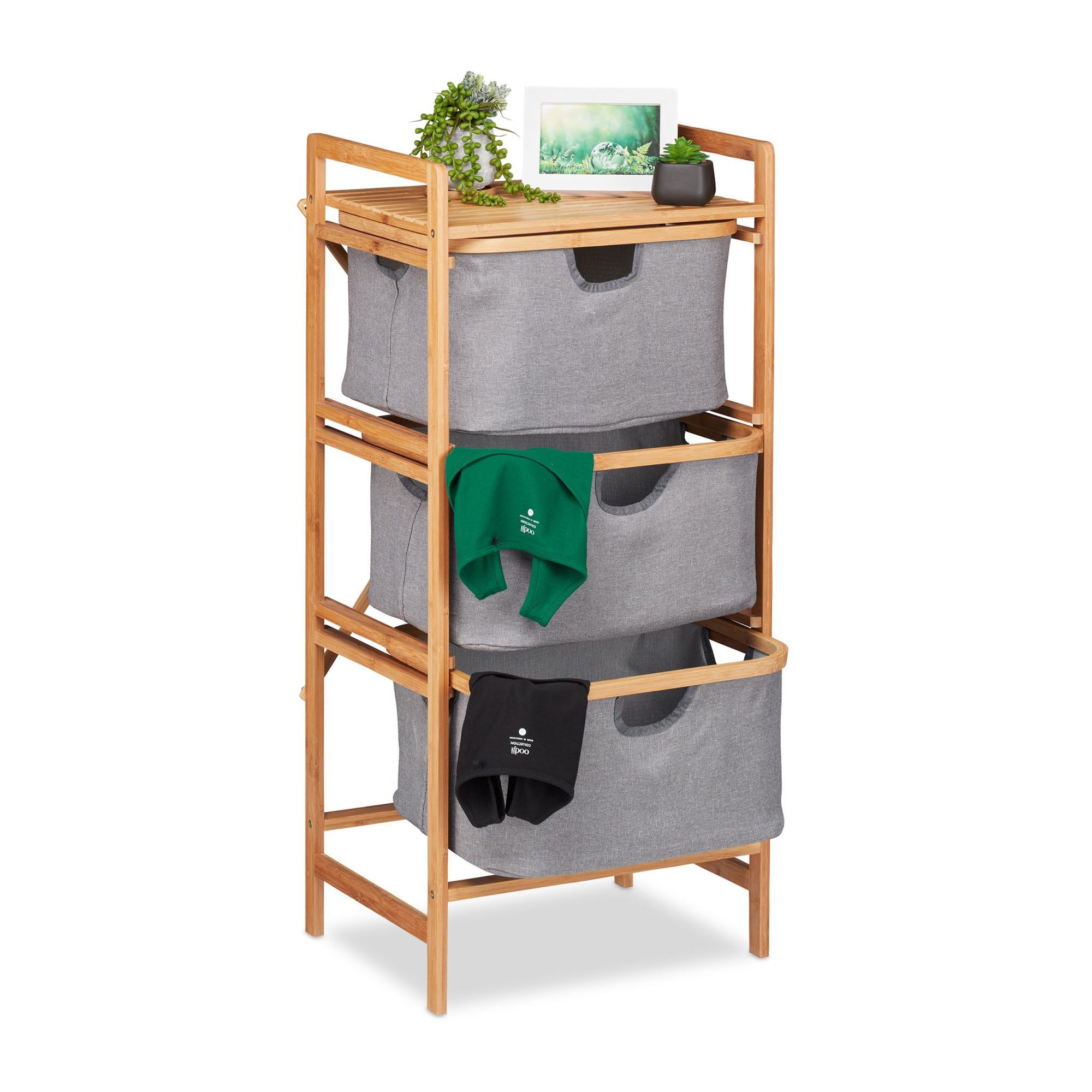 Separador de roupas de bambu com 3 cestos