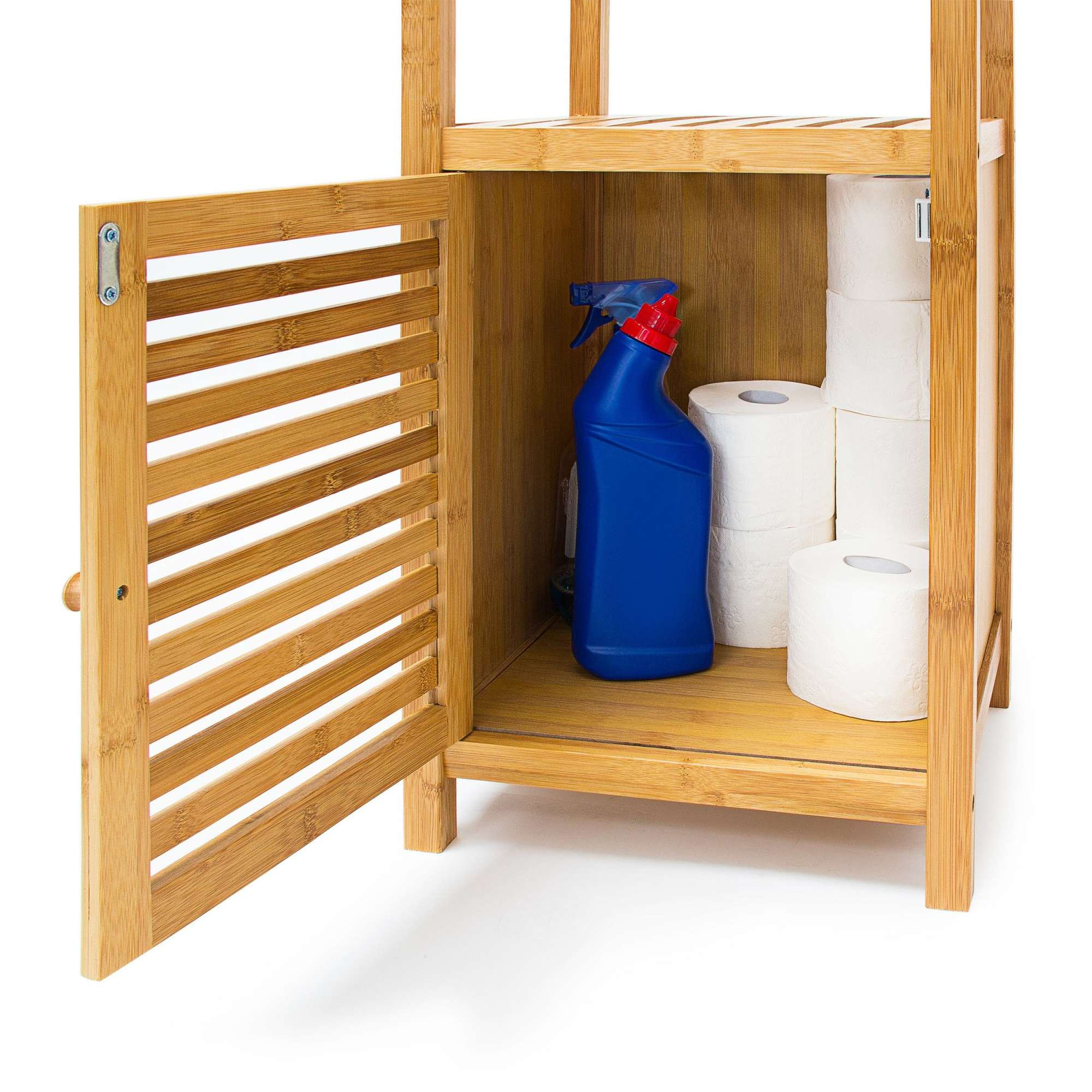 Prateleira de banheiro de bambu com porta