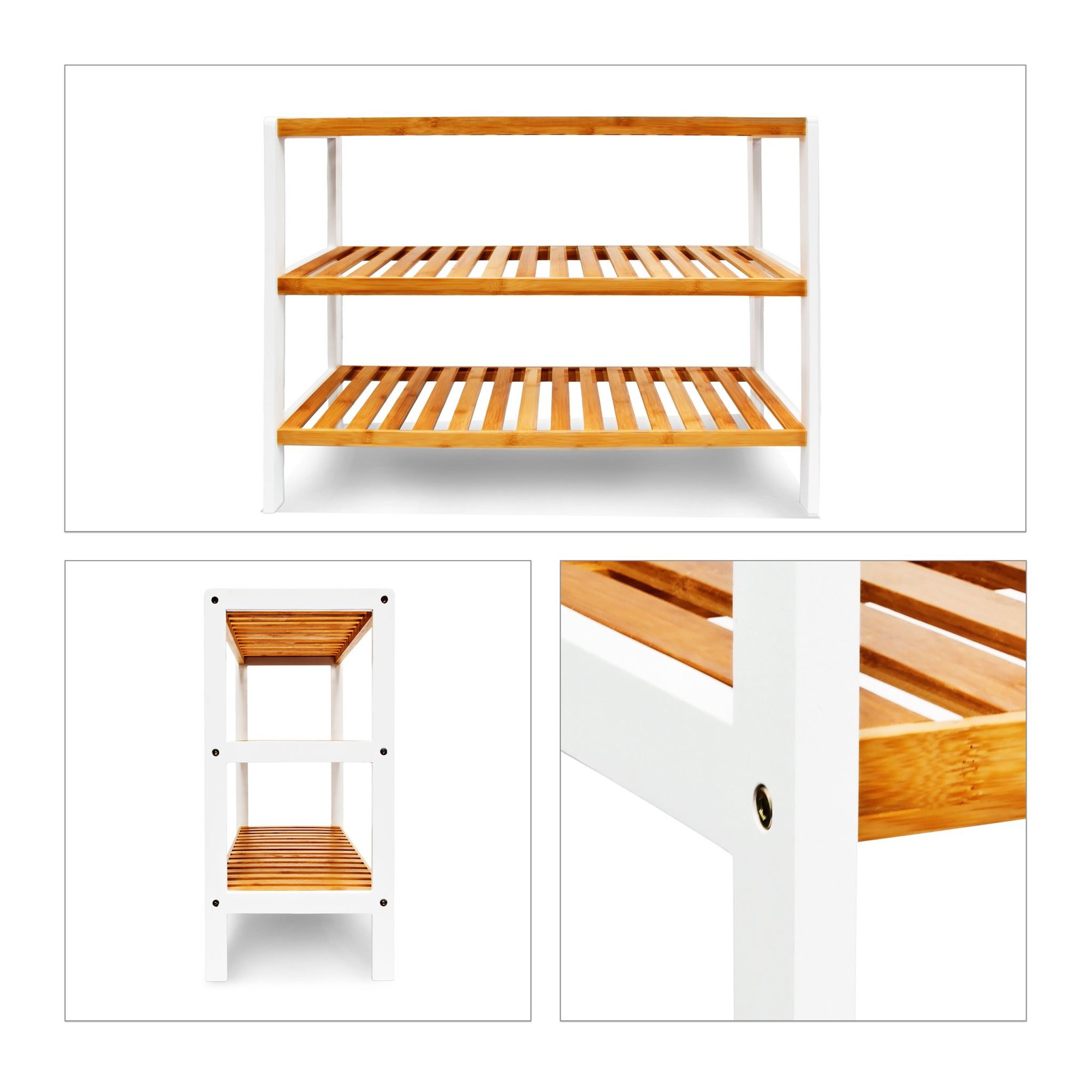 Sapateira de bambu com 3 prateleiras marrom-branco