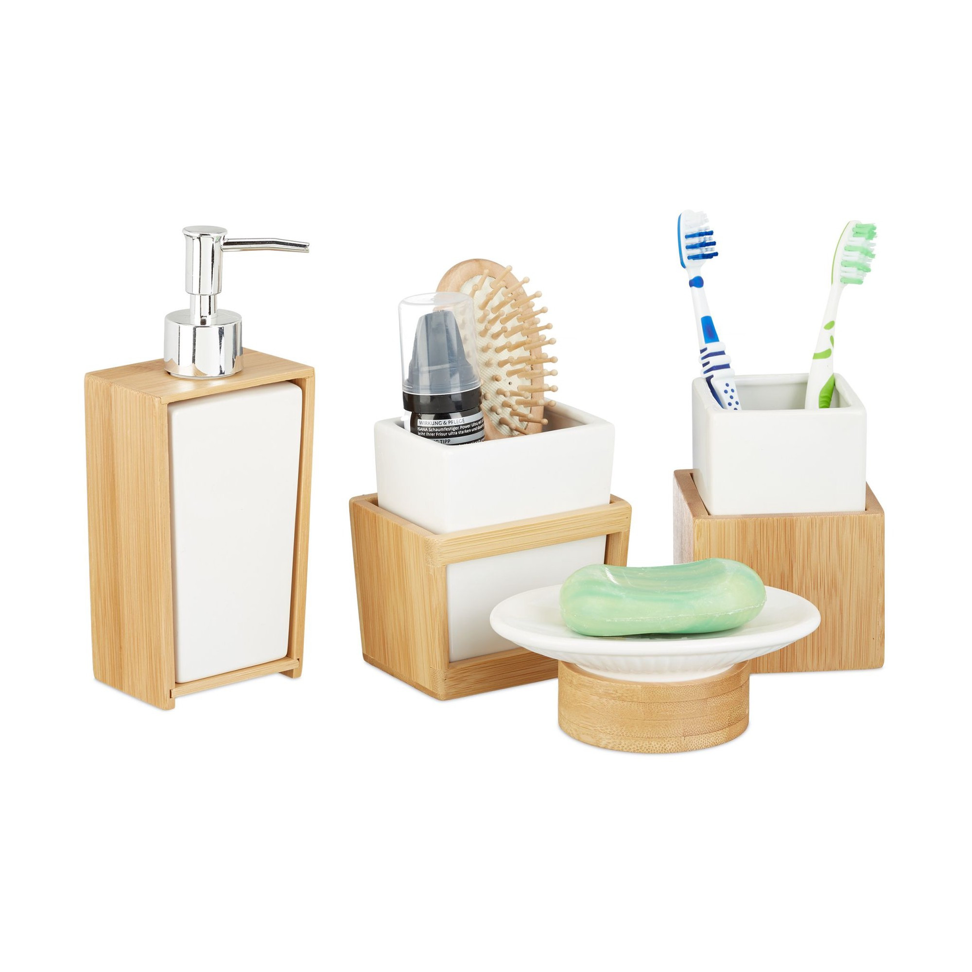 Conjunto de banheiro de bambu e cerâmica
