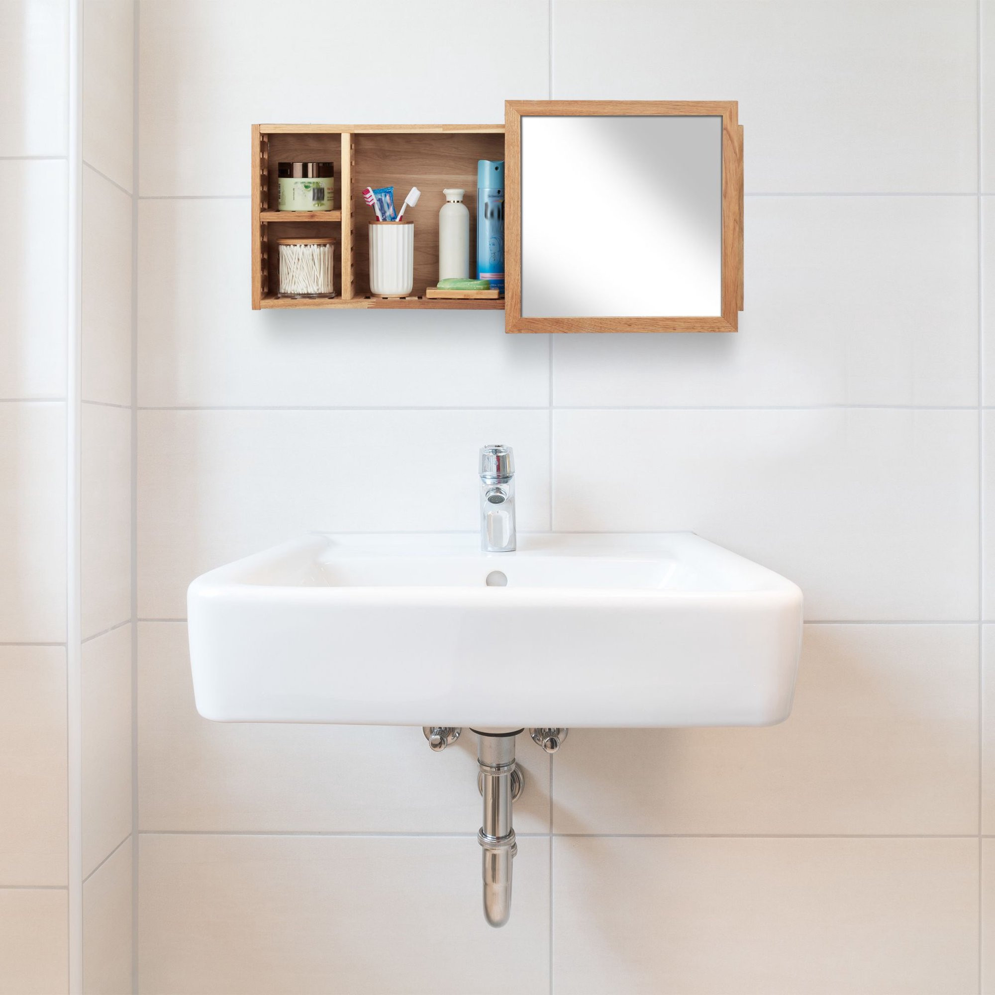 Wall shelf in walnut with mirror