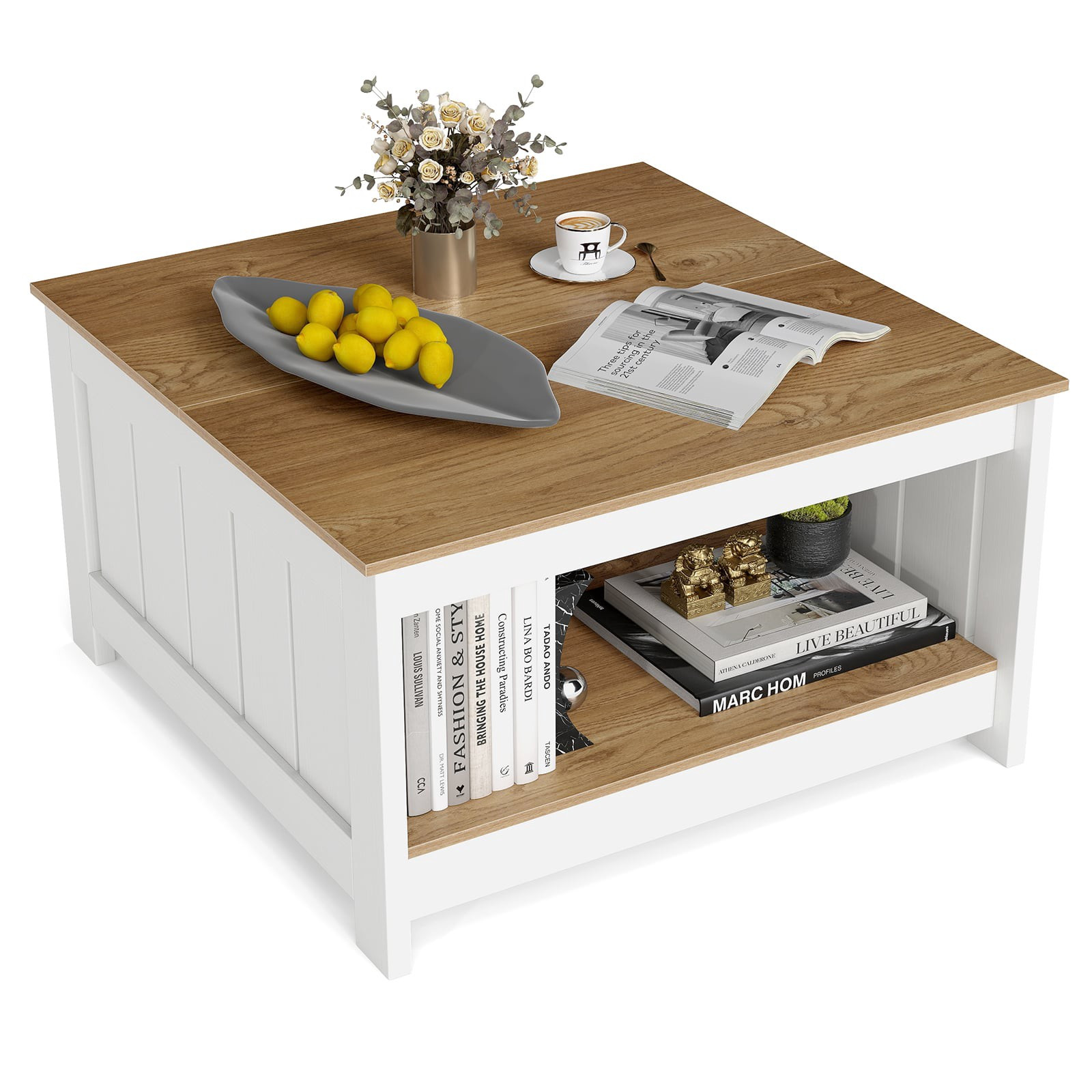Table basse carrée en bois avec rangement – ​​Style rustique