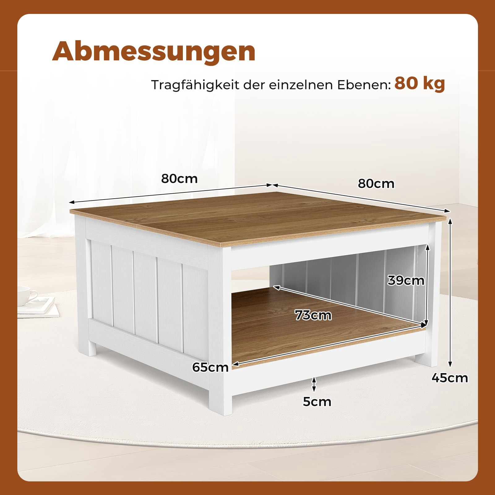Table basse carrée en bois avec rangement – ​​Style rustique