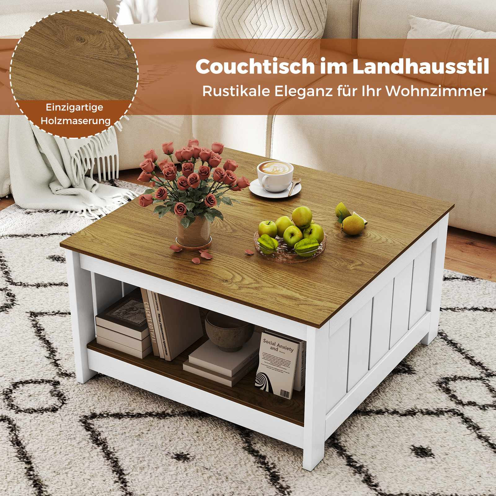 Table basse carrée en bois avec rangement – ​​Style rustique