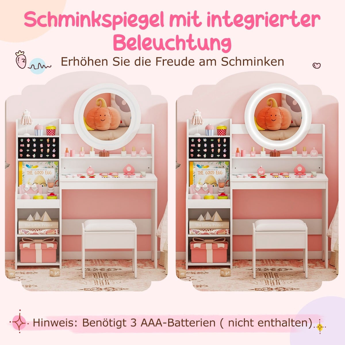 Kids Vanity Table with Mirror & Light, White, Storage & Stool