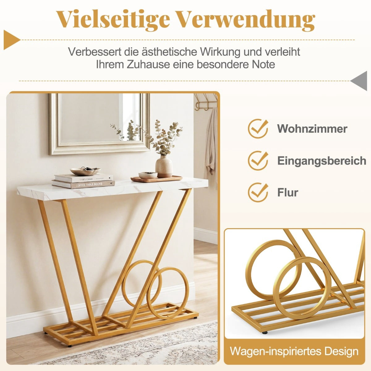 Console 100 cm, aspect marbre, blanche, structure en métal